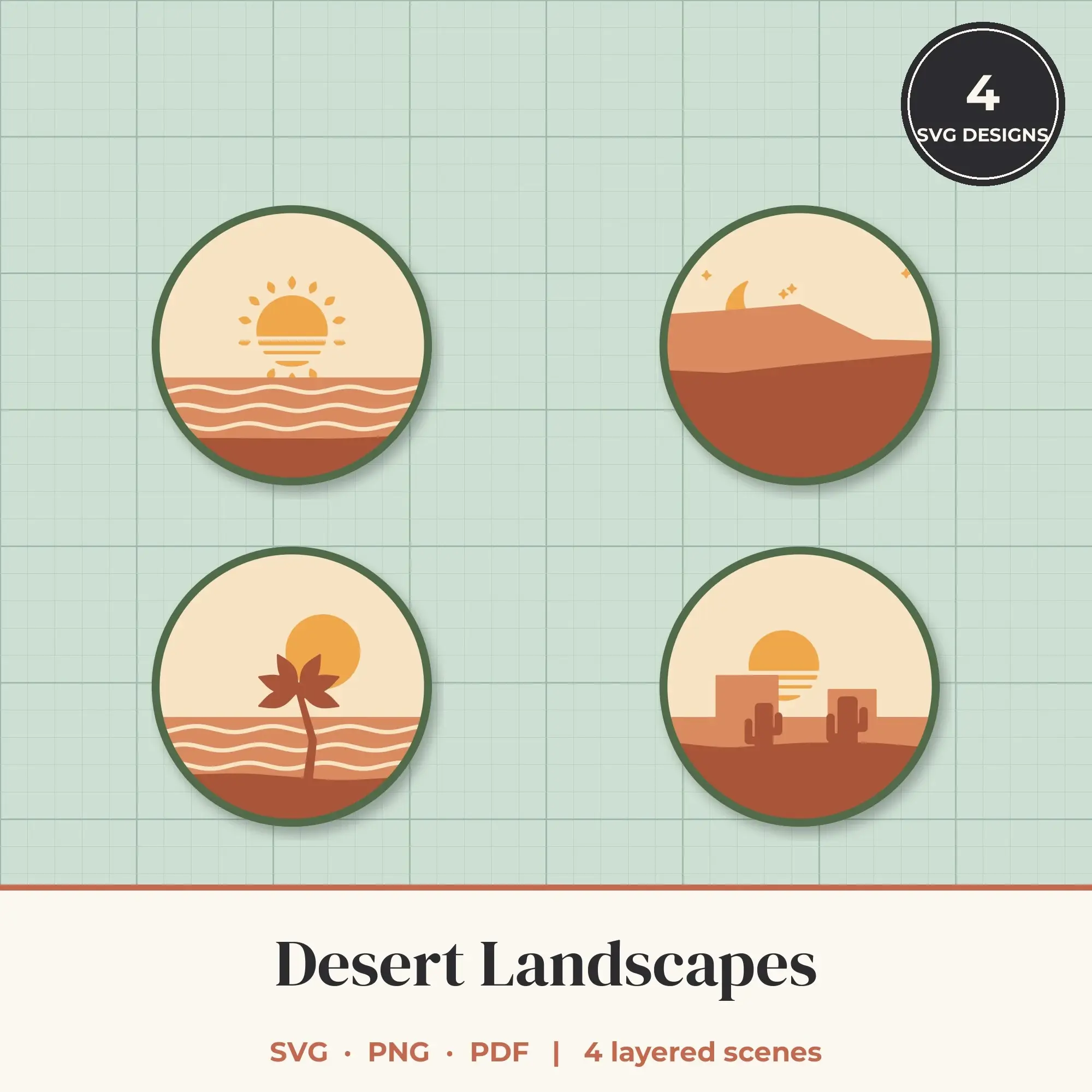 Desert Round Landscape Layered SVG Bundle - 4 Scenes preview