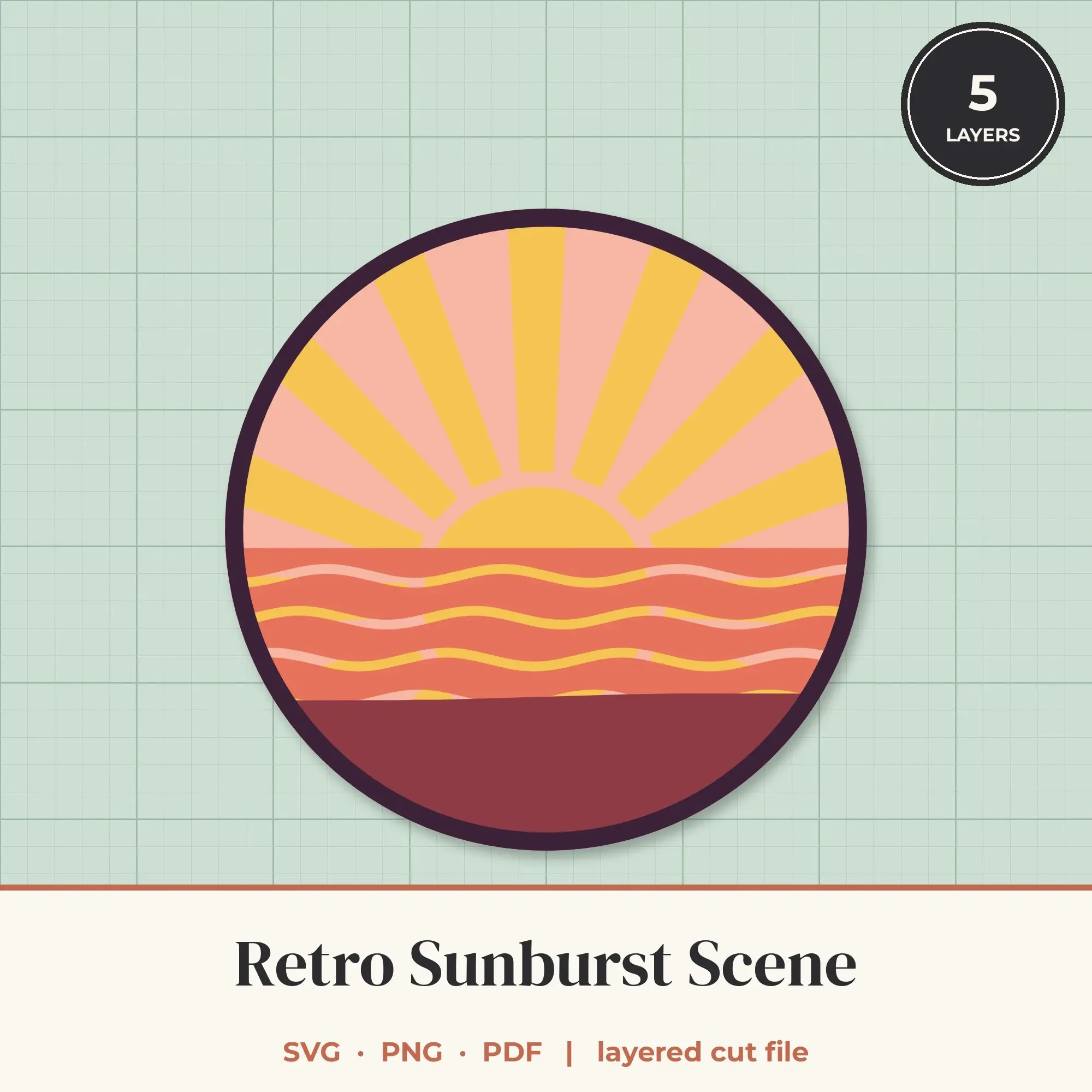 Retro Sunburst Round Layered SVG - 5 Layer Landscape Cut File preview