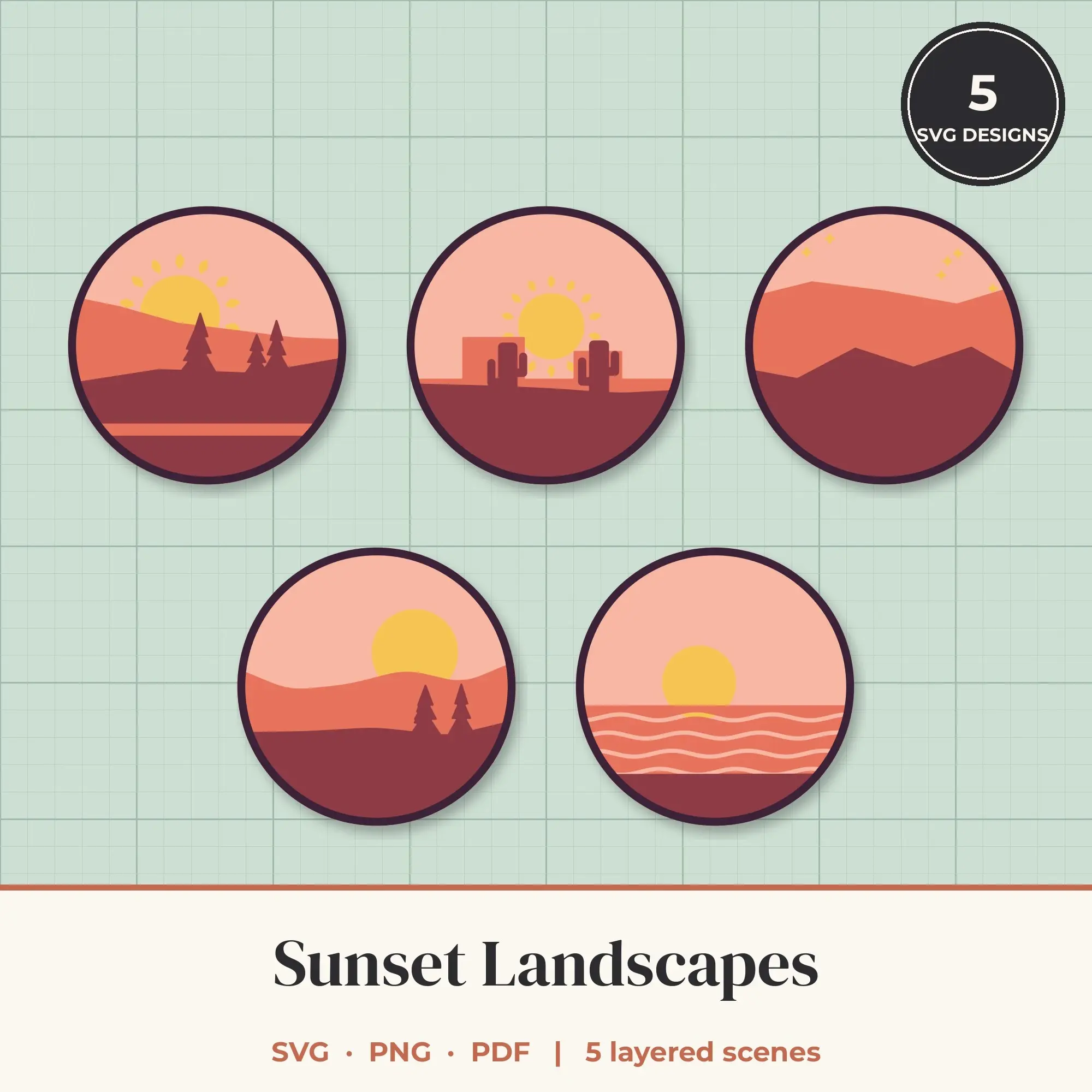 Sunset Round Landscape Layered SVG Bundle - 5 Scenes preview