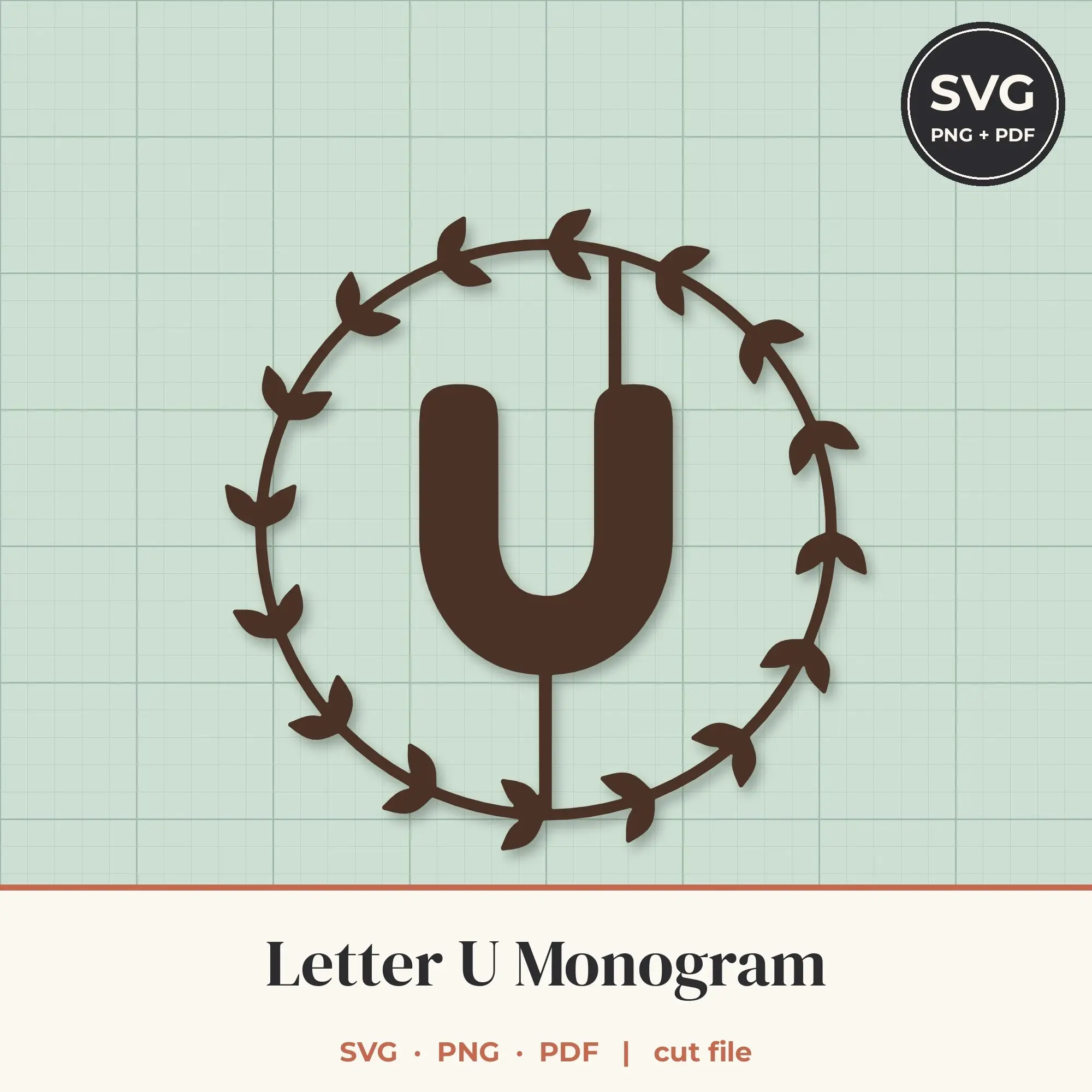 Letter U Leafy Wreath Monogram SVG Cut File preview