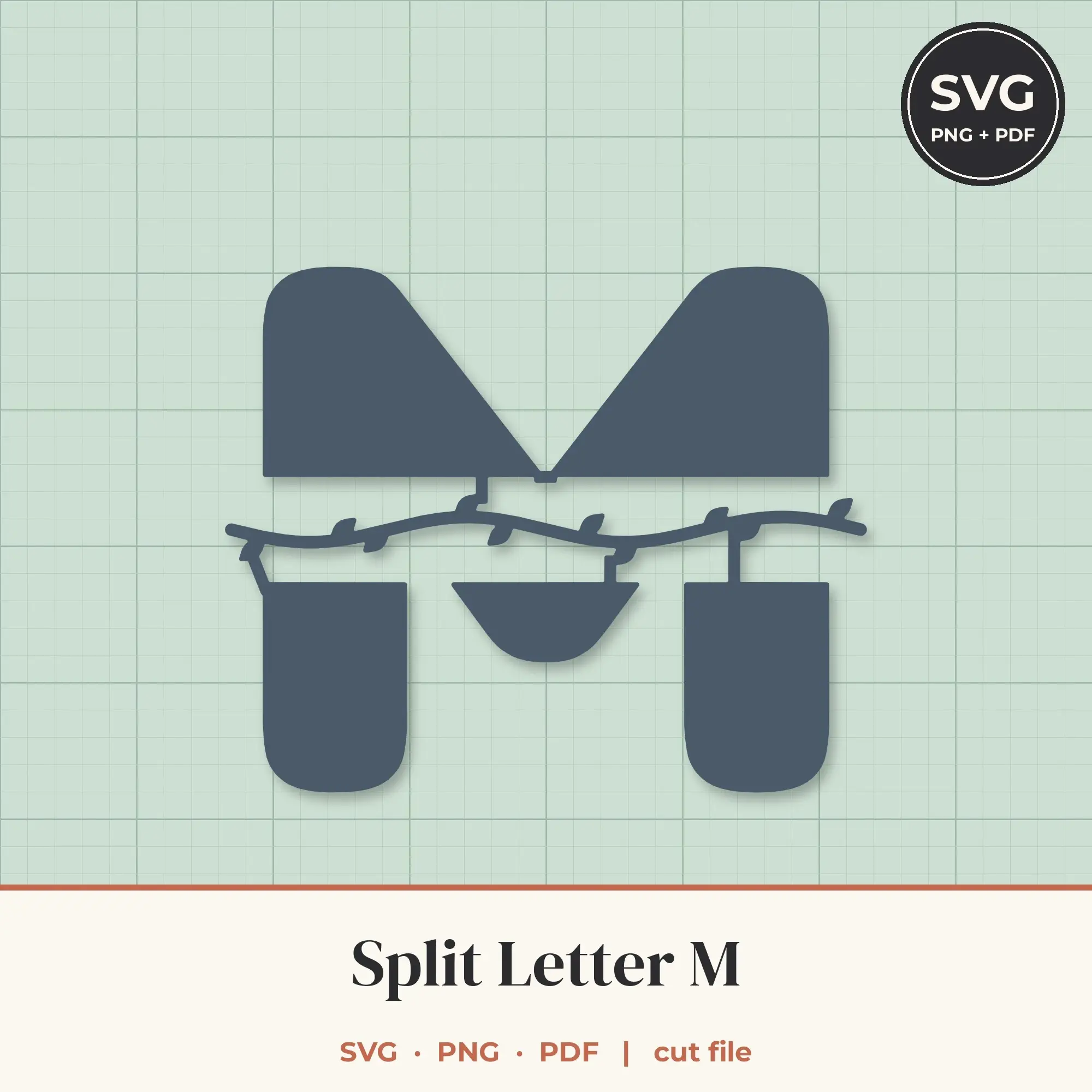 Letter M Split Monogram SVG - Leafy Vine Cut File preview