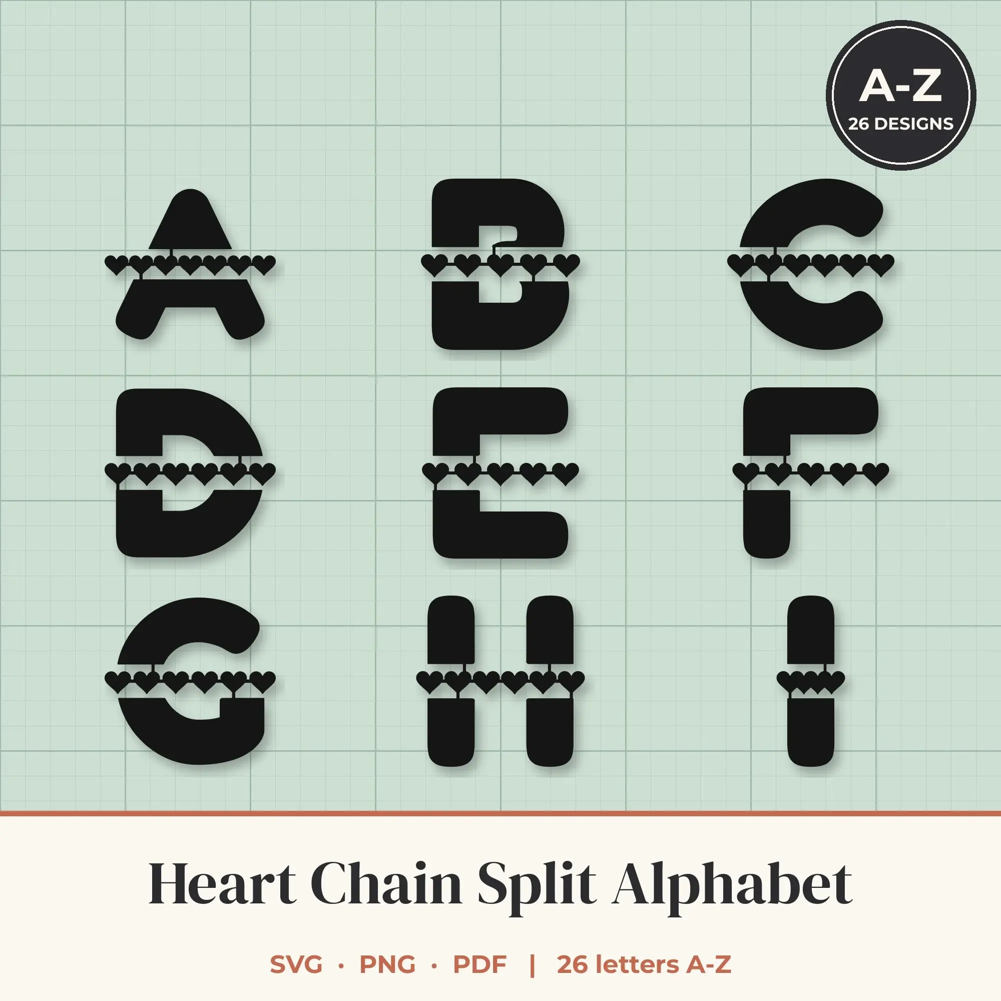Heart Chain Split Letter Alphabet SVG Bundle - Rounded A to Z preview