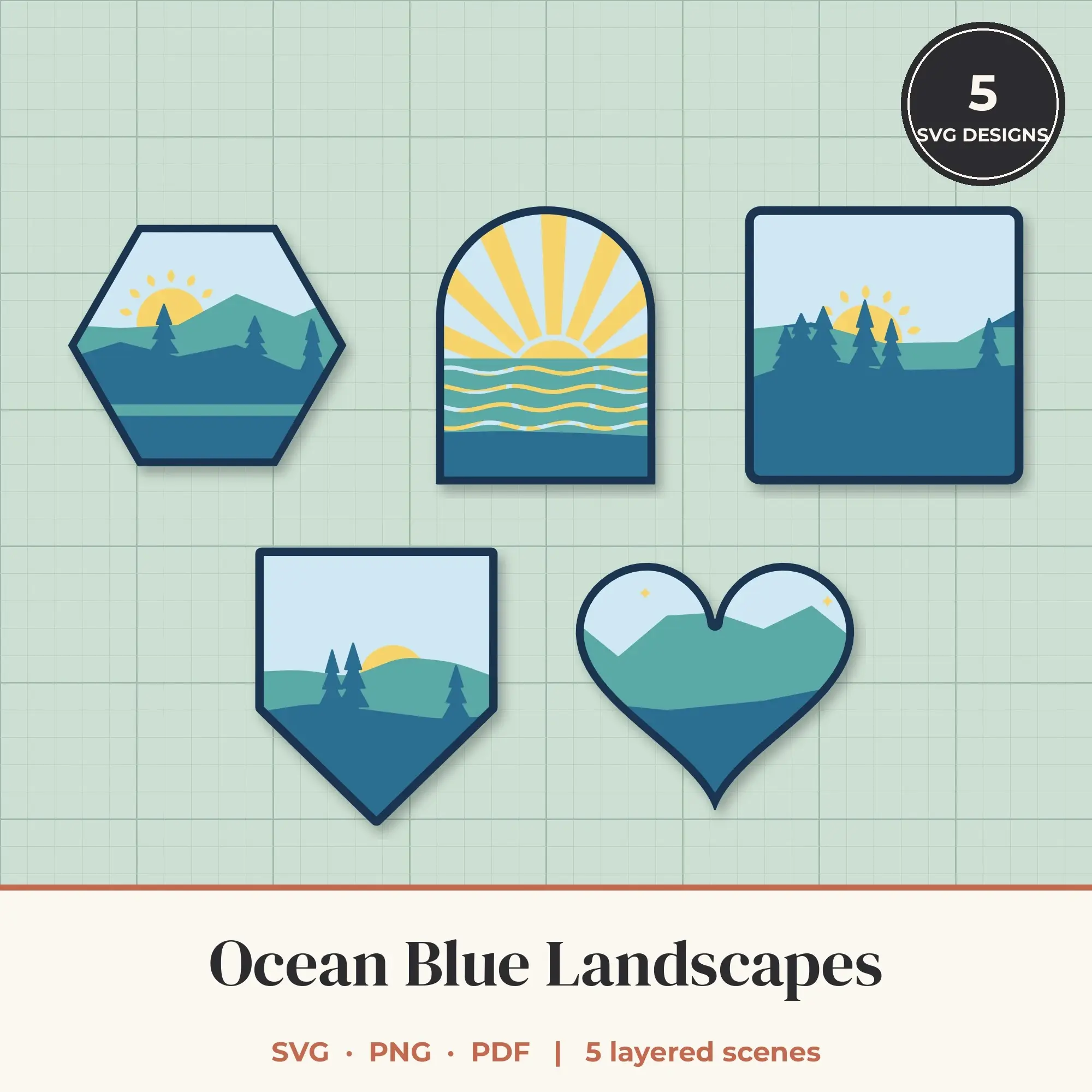 Ocean Blue Landscape Layered SVG Bundle - 5 Scenes, preview 1 of 2