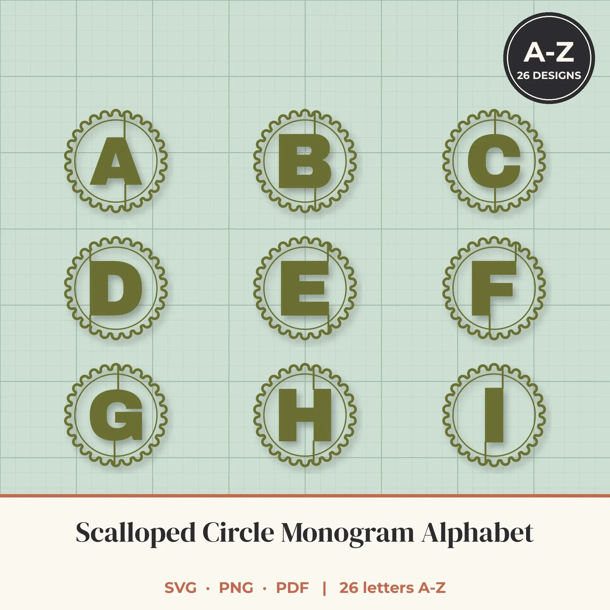 Scalloped Circle Monogram Alphabet SVG Bundle - Bold Sans A to Z, preview 1 of 2