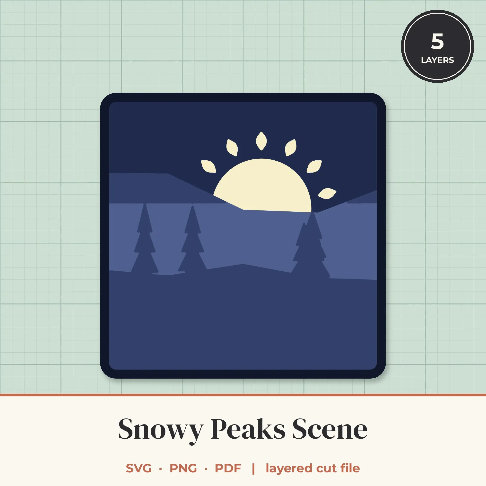 Snowy Peaks Square Layered SVG - 5 Layer Landscape Cut File preview