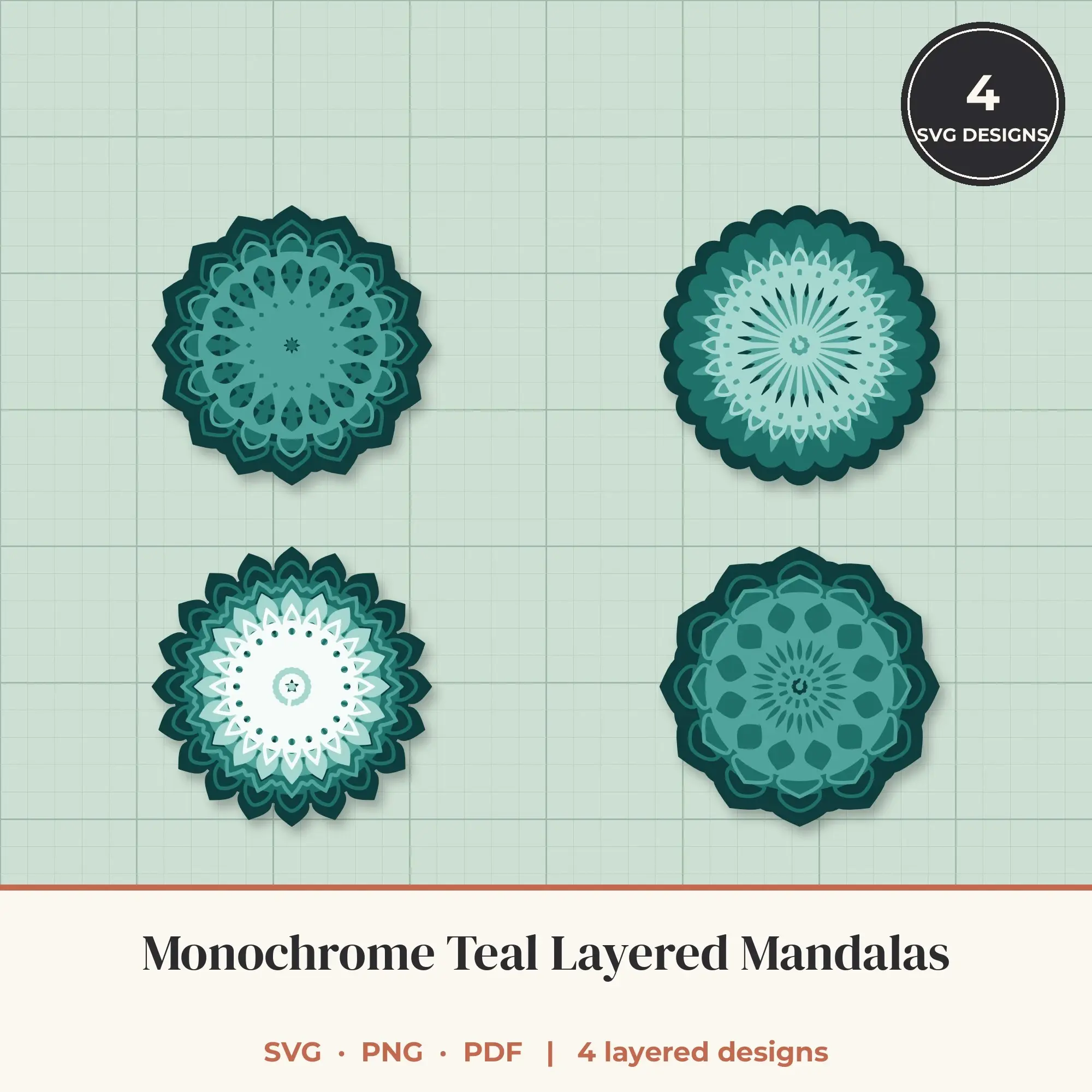 Monochrome Teal Layered Mandala SVG Bundle - 4 Multi Layer Designs preview