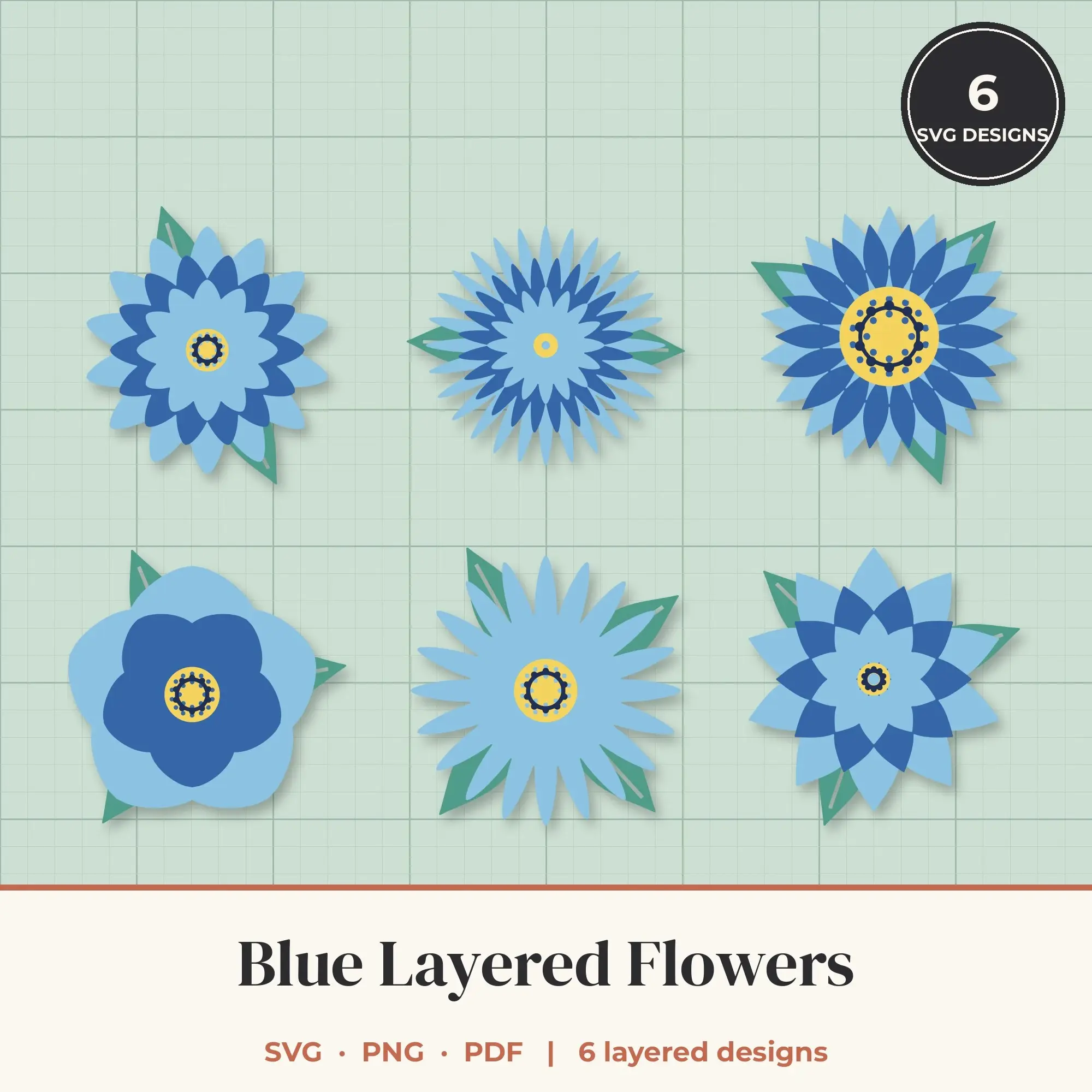 Blue Layered Flower SVG Bundle - 6 Blooms preview