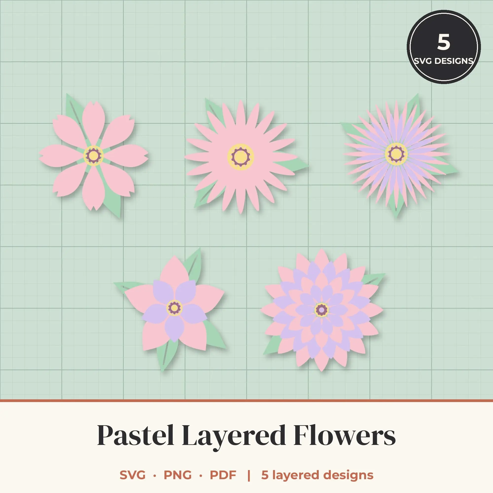 Pastel Layered Flower SVG Bundle - 5 Blooms preview