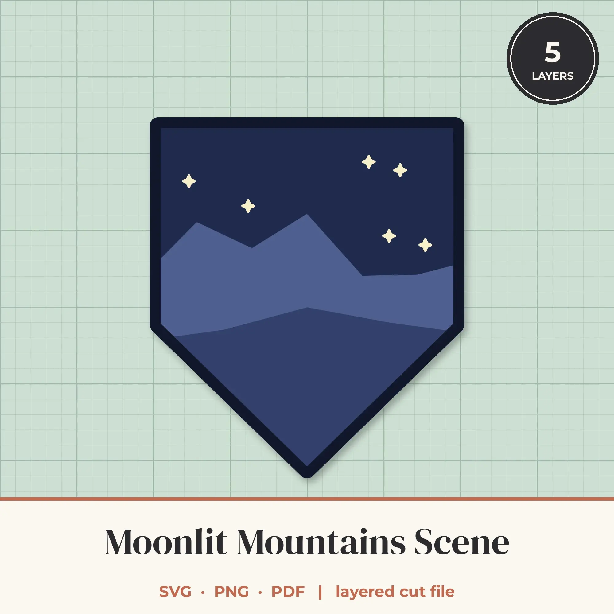 Moonlit Mountains Badge Layered SVG - 5 Layer Landscape Cut File preview