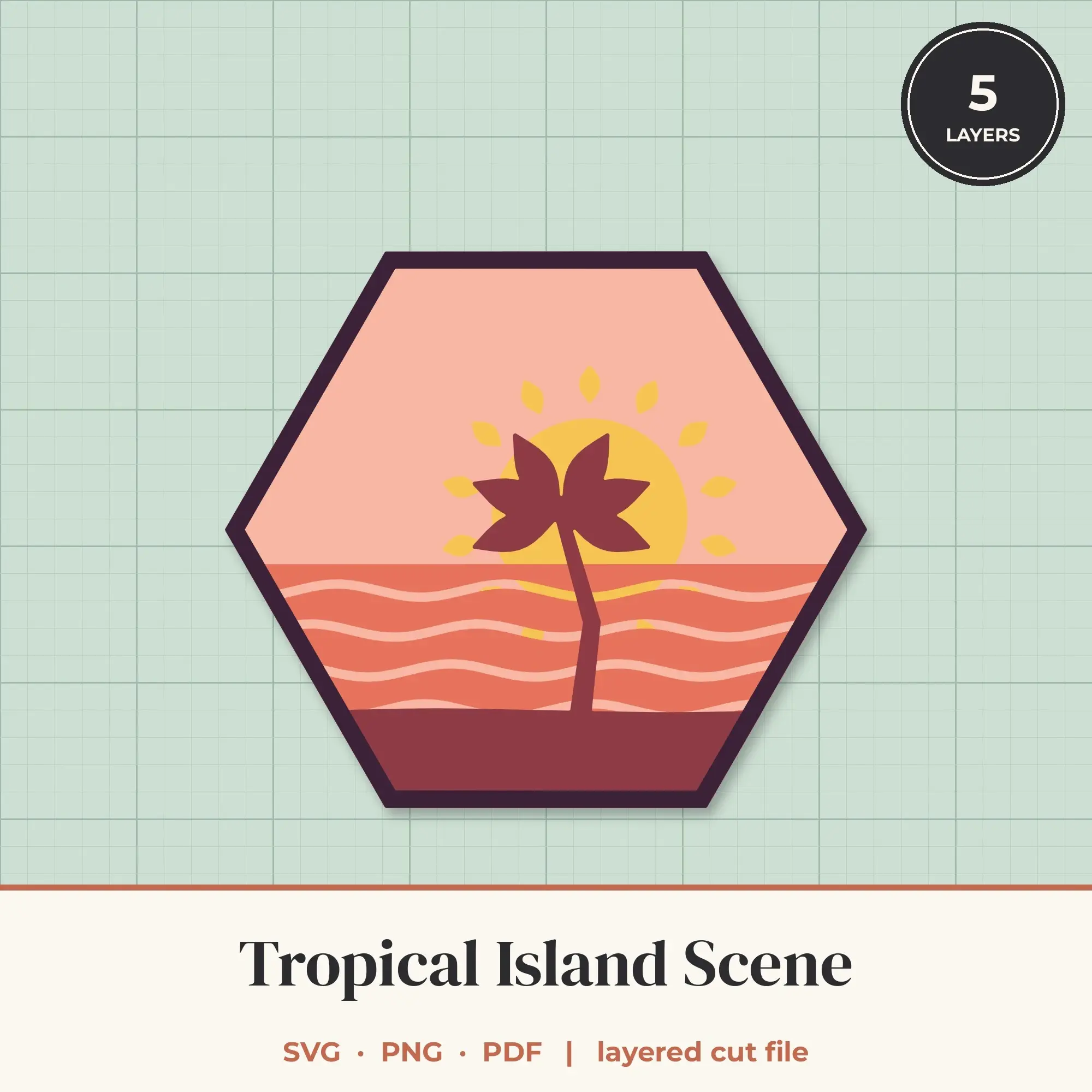 Tropical Island Hexagon Layered SVG - 5 Layer Landscape Cut File preview