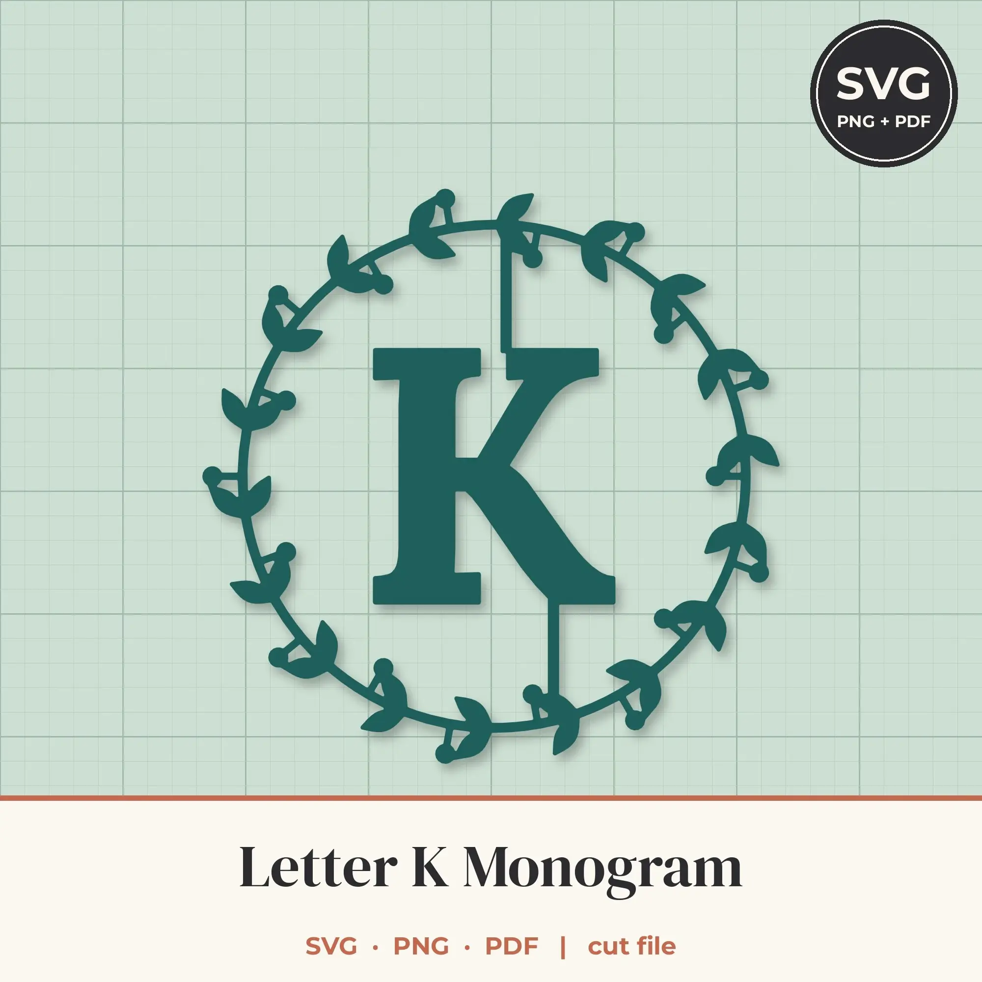 Letter K Berry Wreath Monogram SVG Cut File preview