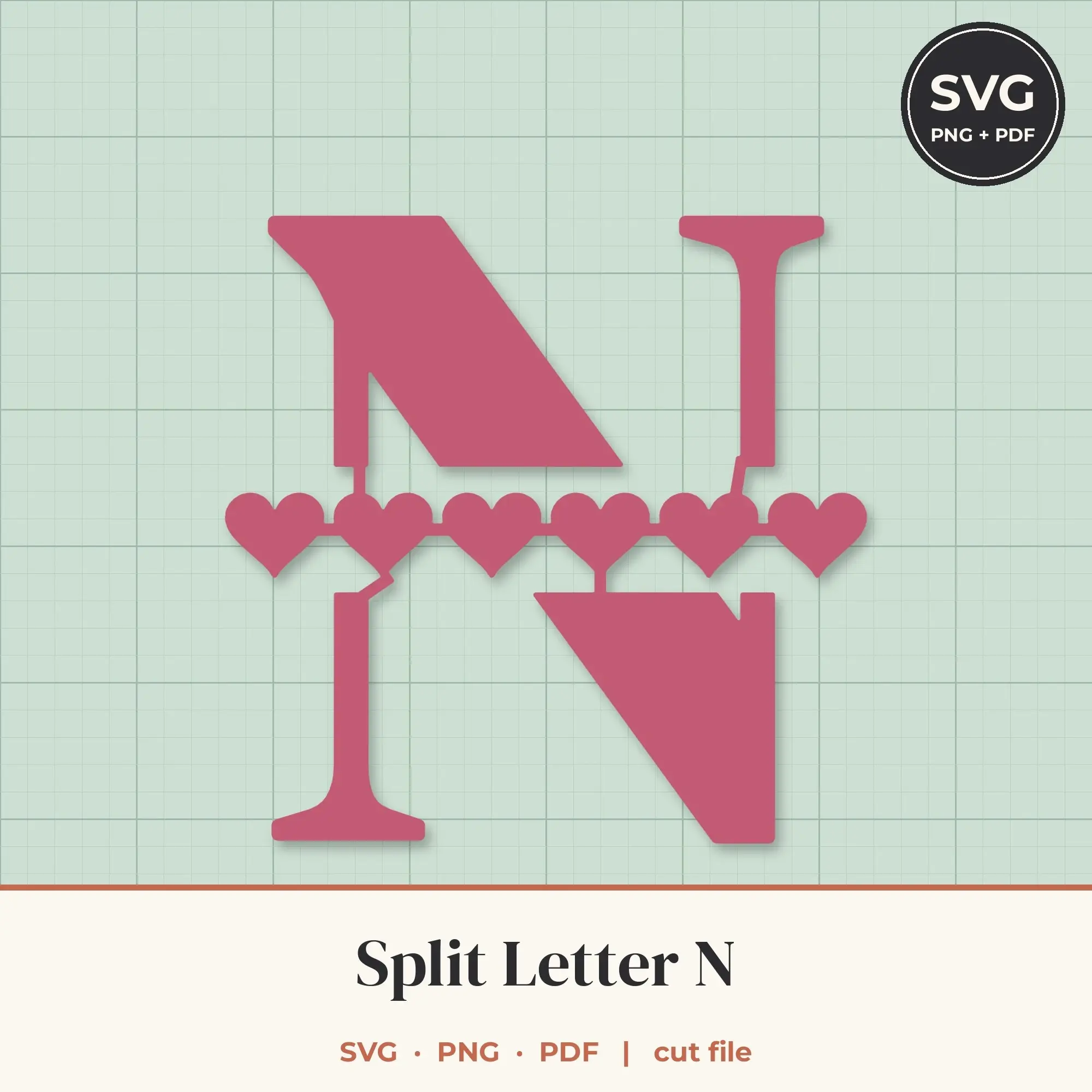 Letter N Split Monogram SVG - Heart Chain Cut File preview