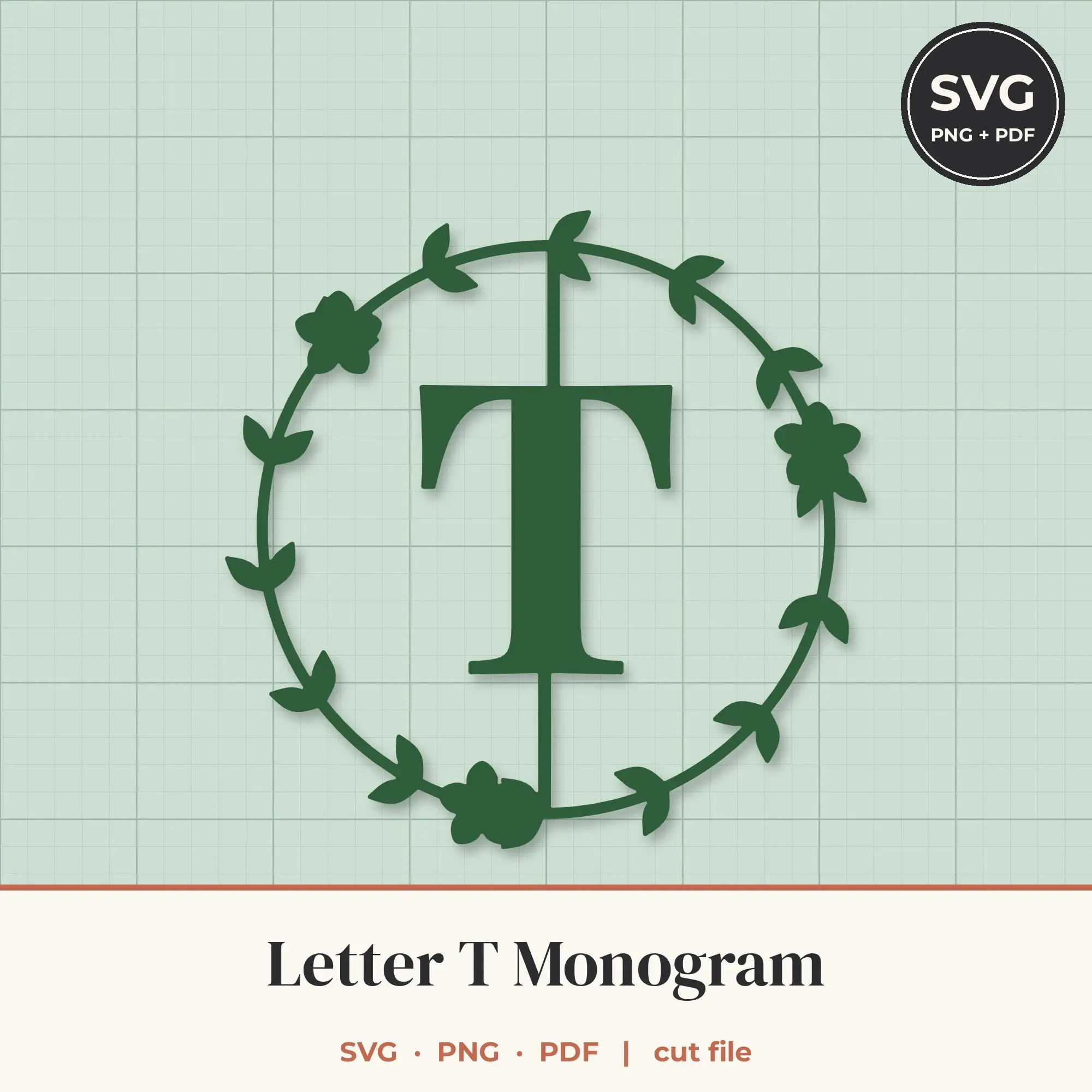 Letter T Floral Wreath Monogram SVG Cut File preview