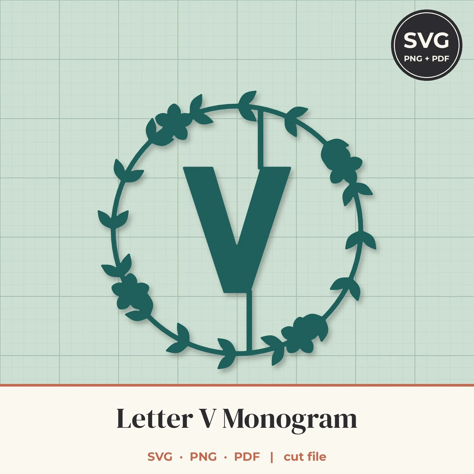 Letter V Floral Wreath Monogram SVG Cut File preview