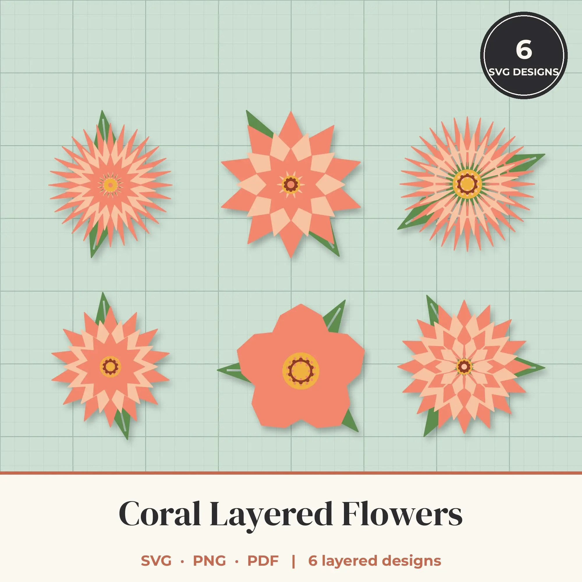 Coral Layered Flower SVG Bundle - 6 Geometric Blooms preview