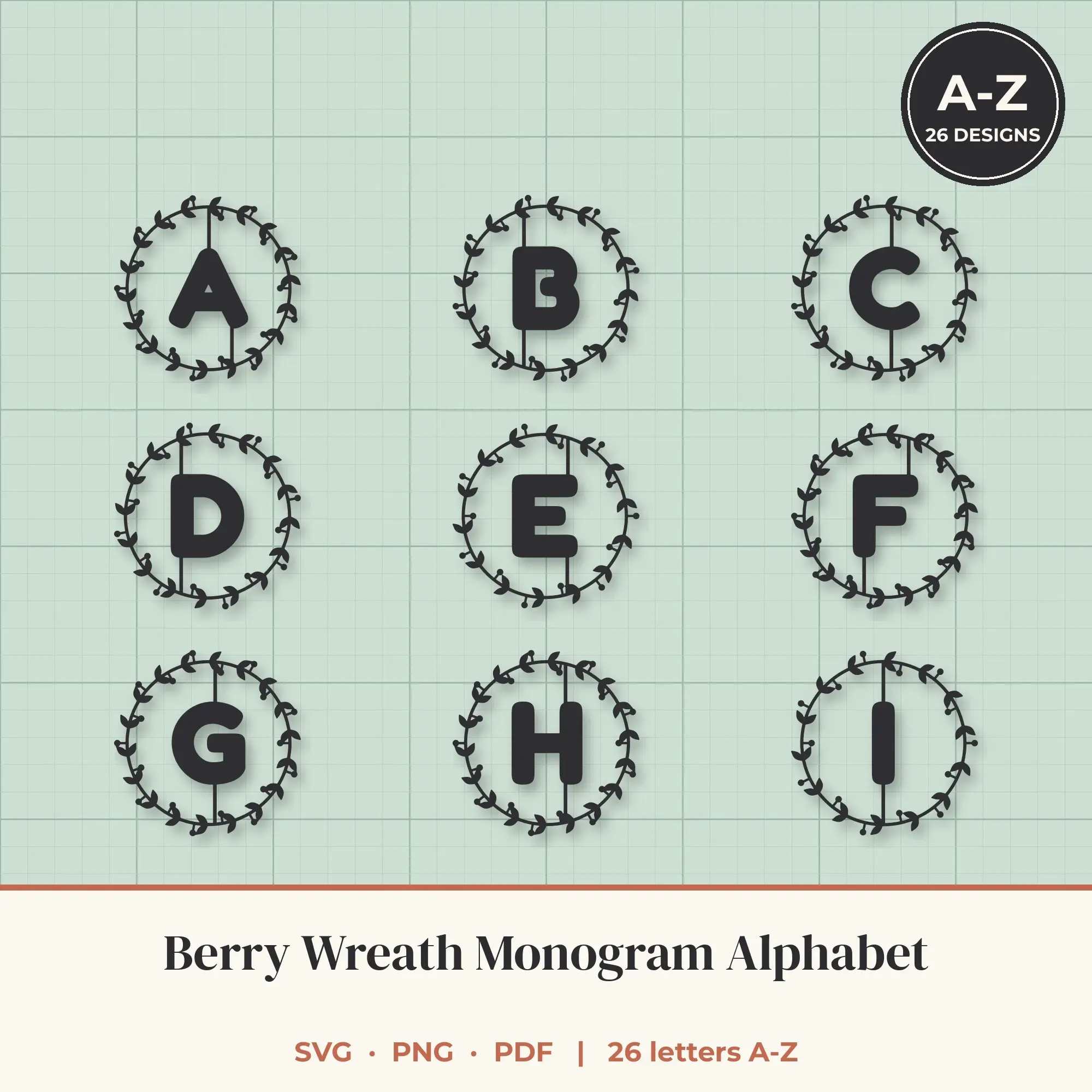 Berry Wreath Monogram Alphabet SVG Bundle - Rounded A to Z preview