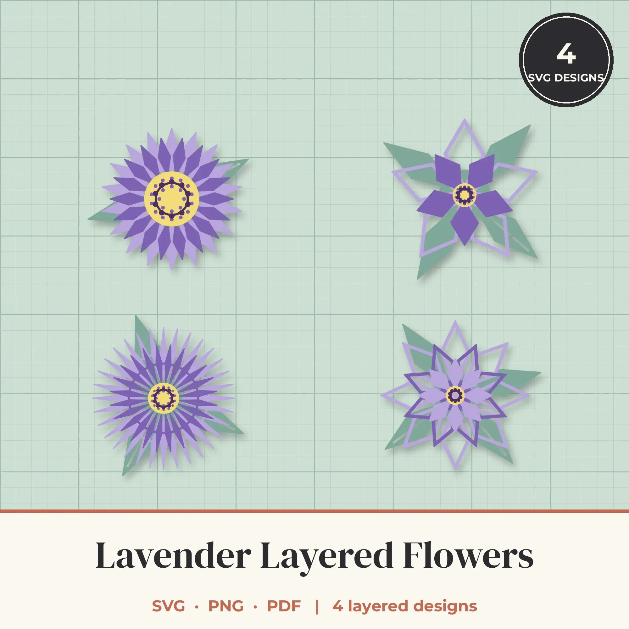 Lavender Layered Flower SVG Bundle - 4 Geometric Blooms preview