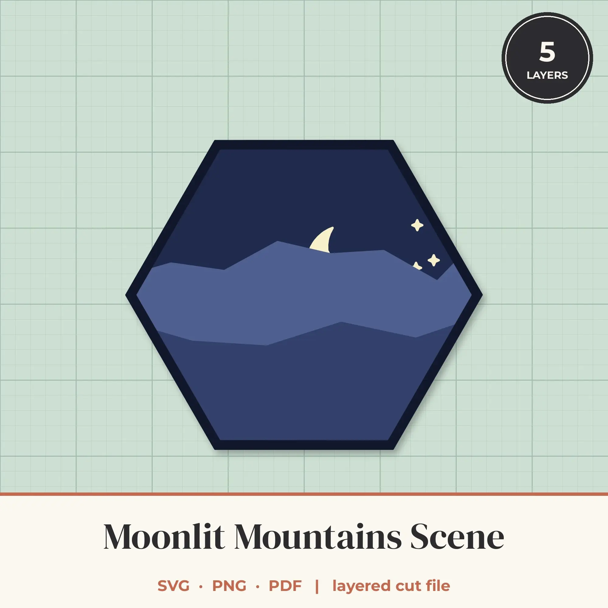 Moonlit Mountains Hexagon Layered SVG - 5 Layer Landscape Cut File preview