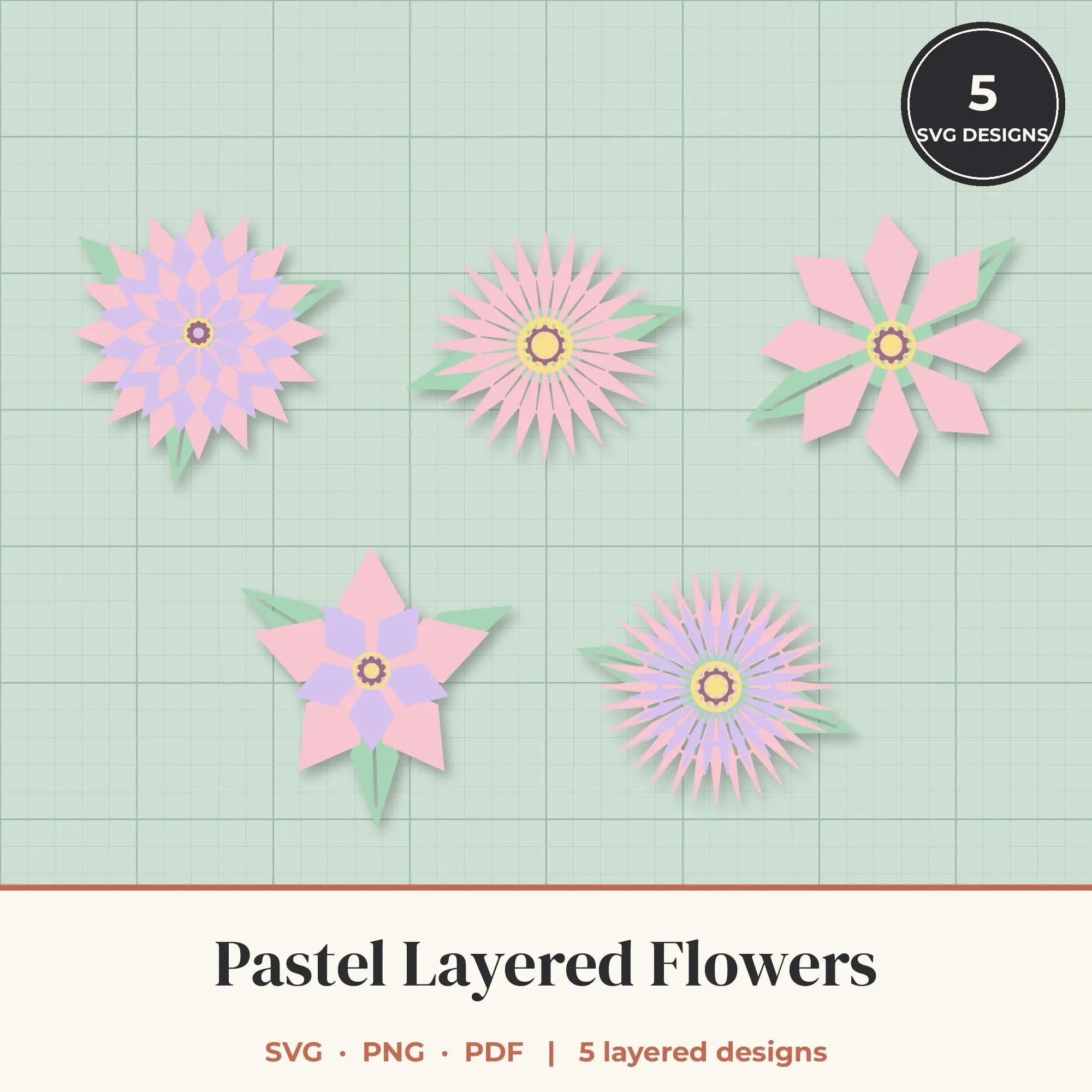 Pastel Layered Flower SVG Bundle - 5 Geometric Blooms preview