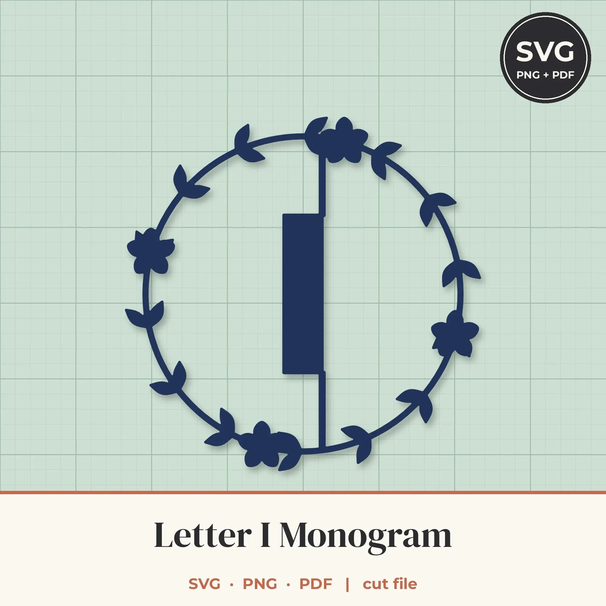 Letter I Floral Wreath Monogram SVG Cut File preview