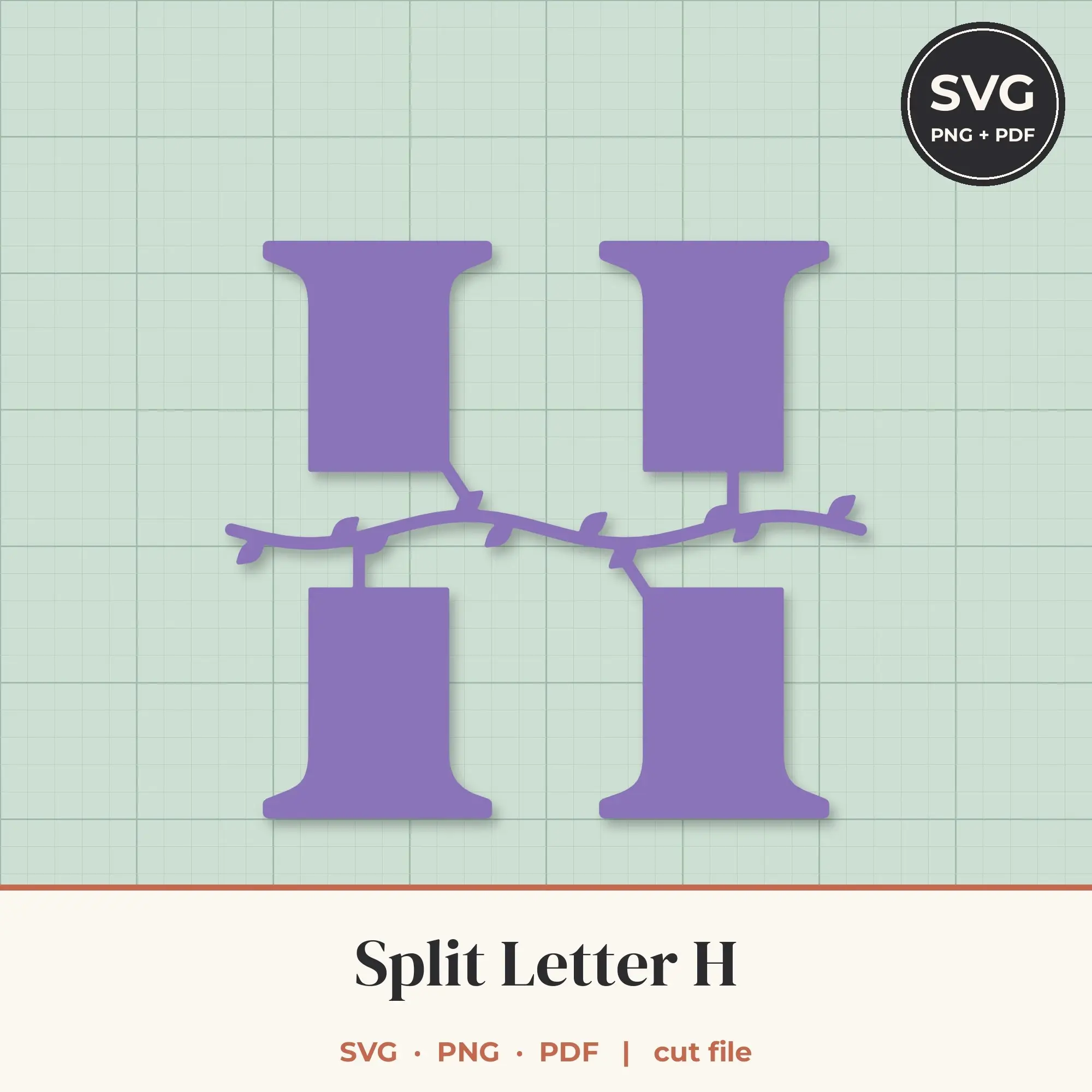 Letter H Split Monogram SVG - Leafy Vine Cut File preview