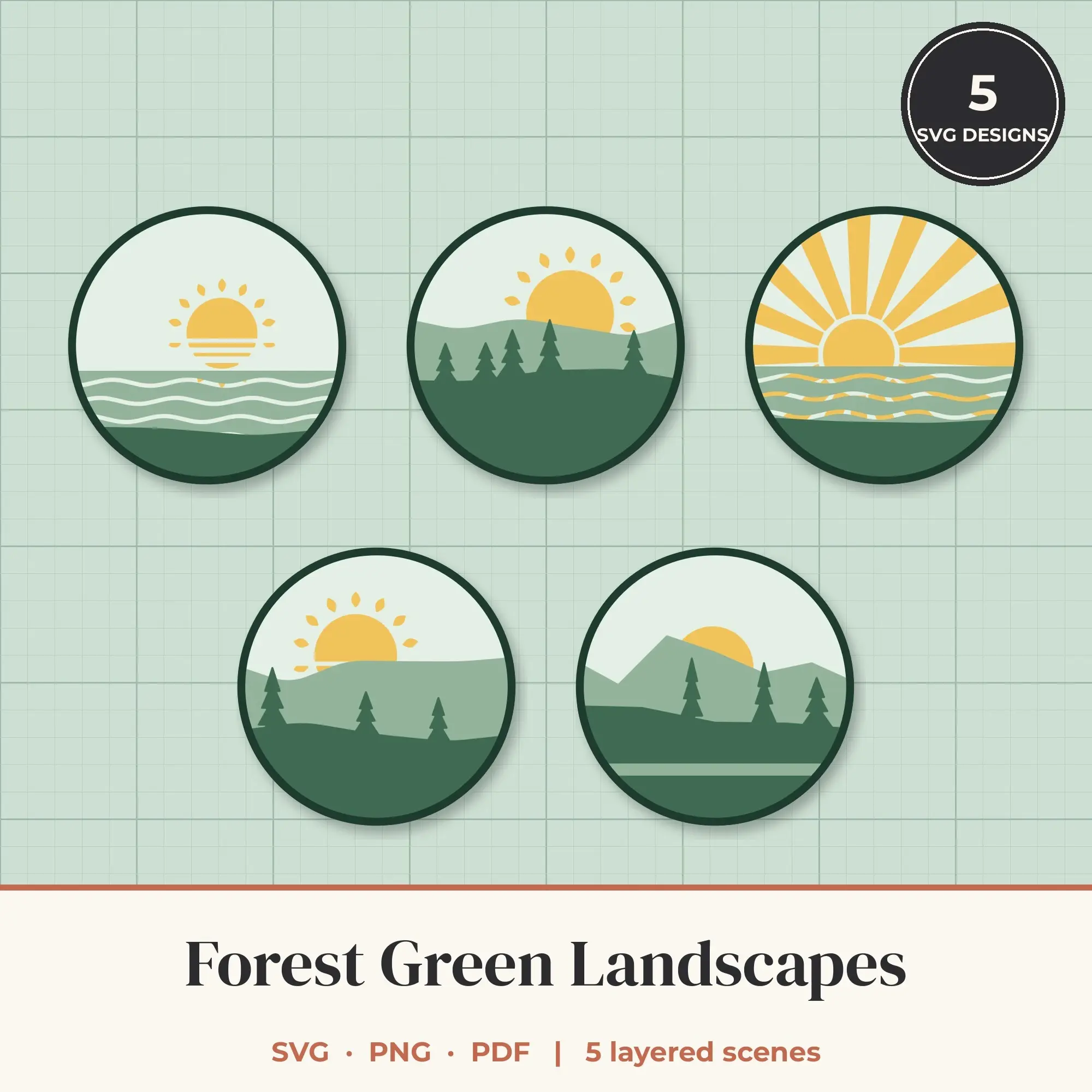Forest Green Round Landscape Layered SVG Bundle - 5 Scenes preview