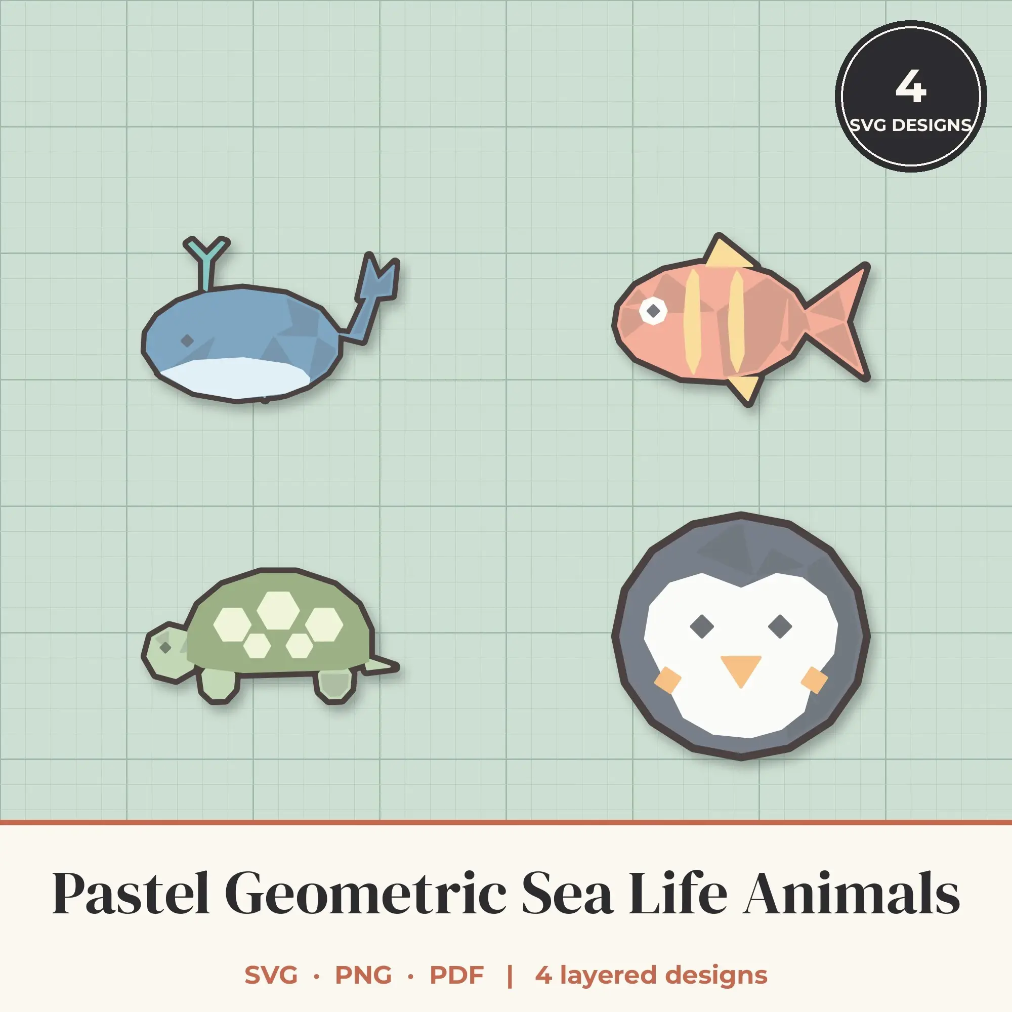 Pastel Geometric Sea Life Animals SVG Bundle - 4 Layered Cut Files preview