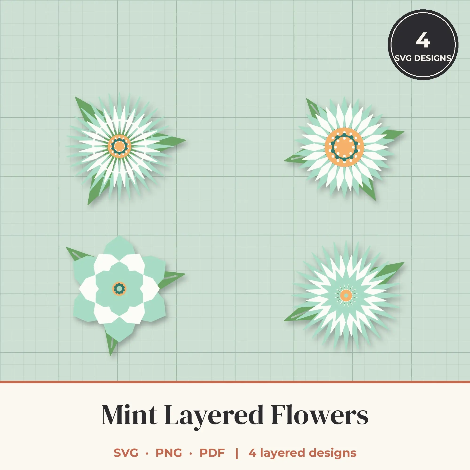 Mint Layered Flower SVG Bundle - 4 Geometric Blooms, preview 1 of 2