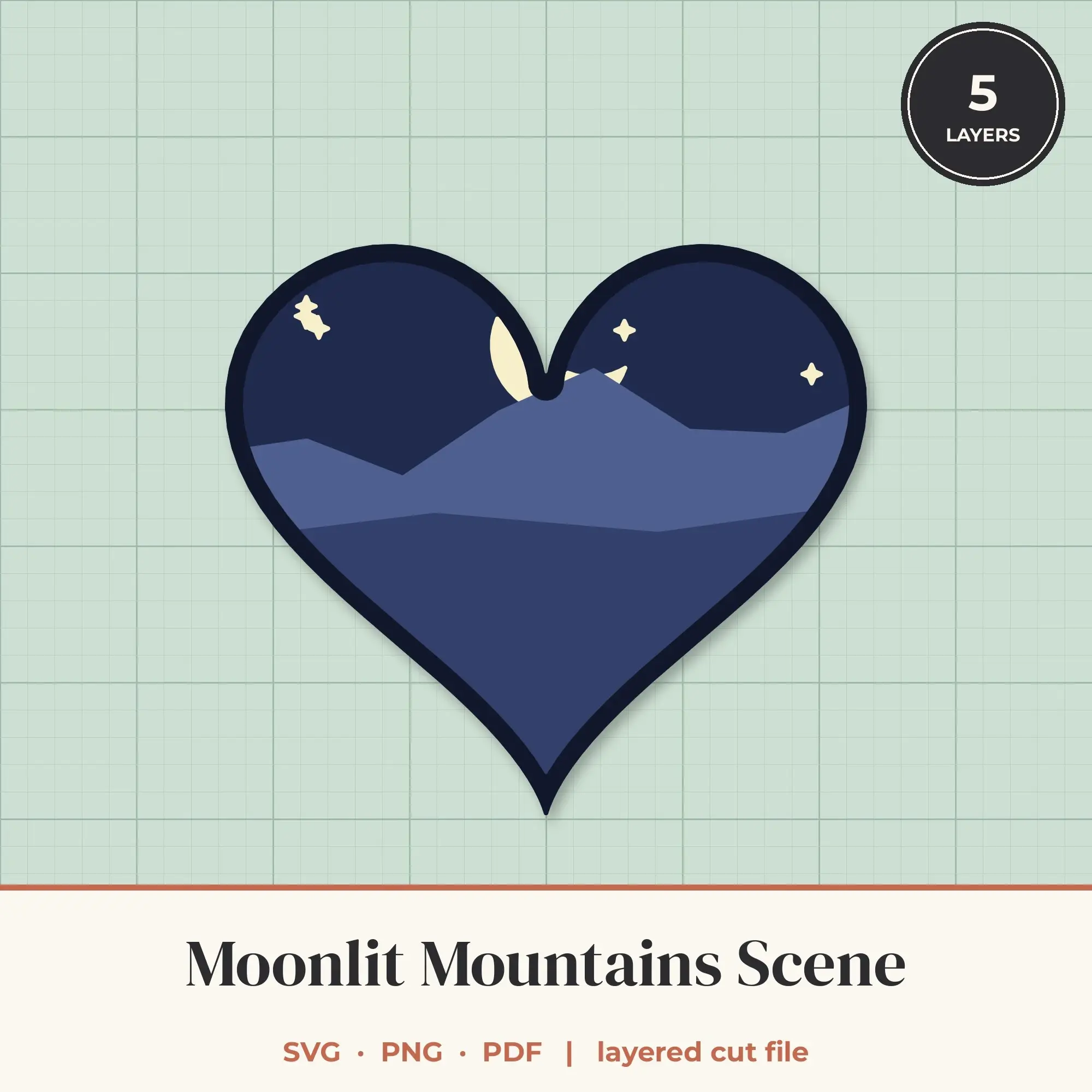 Moonlit Mountains Heart Layered SVG - 5 Layer Landscape Cut File preview