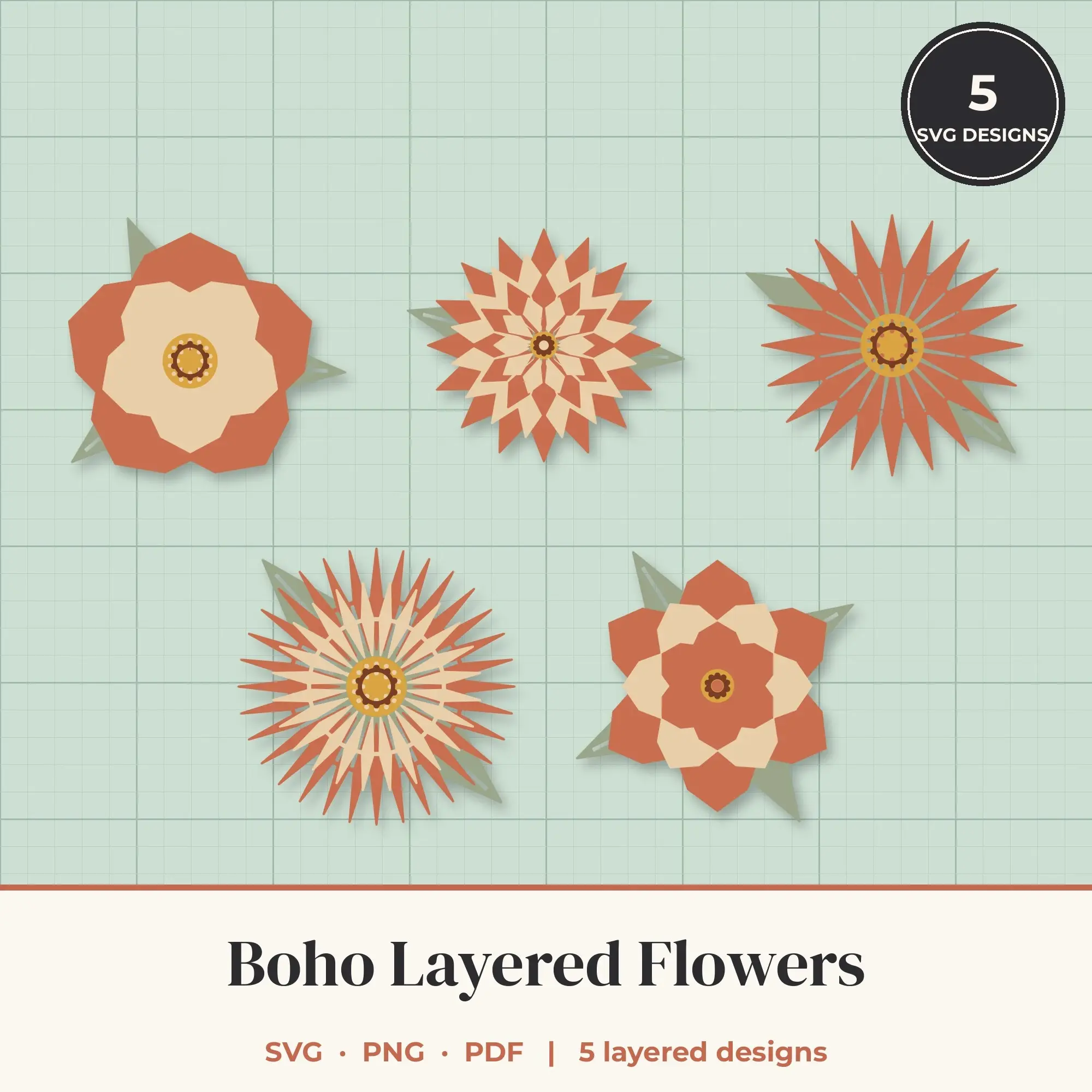 Boho Layered Flower SVG Bundle - 5 Geometric Blooms, preview 1 of 2