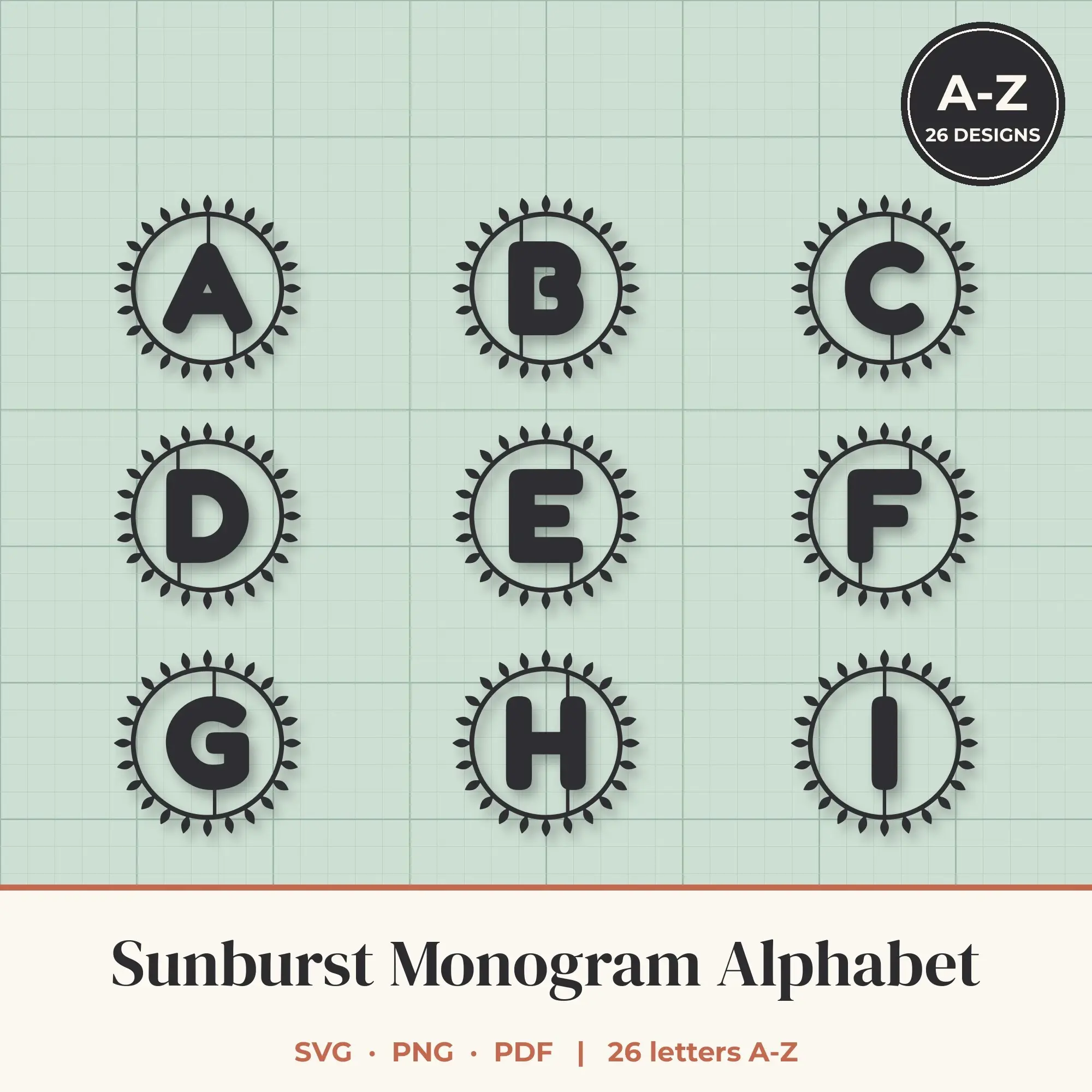 Sunburst Monogram Alphabet SVG Bundle - Rounded A to Z preview