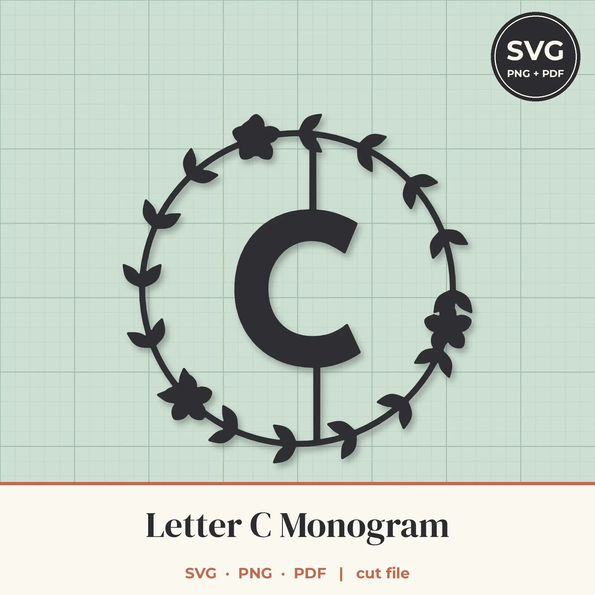 Letter C Floral Wreath Monogram SVG Cut File preview