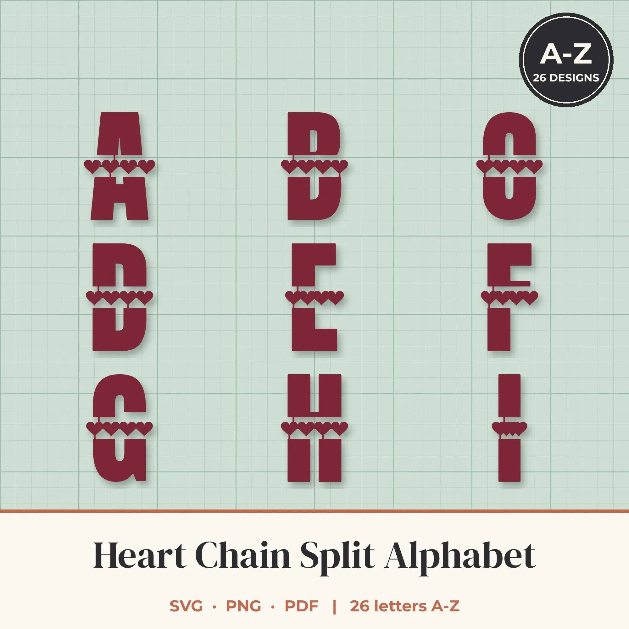 Heart Chain Split Letter Alphabet SVG Bundle - Bold Block A to Z preview