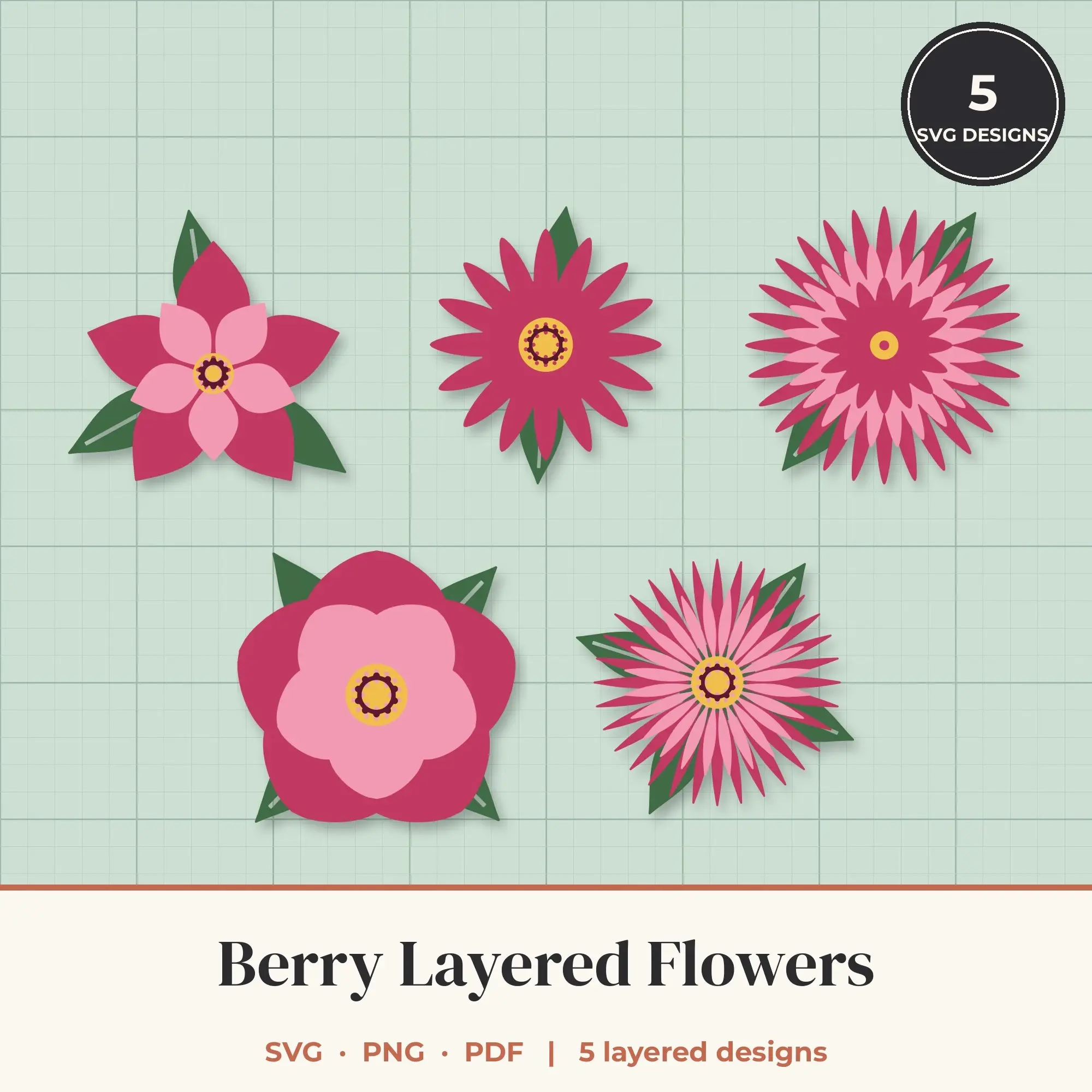 Berry Layered Flower SVG Bundle - 5 Blooms preview