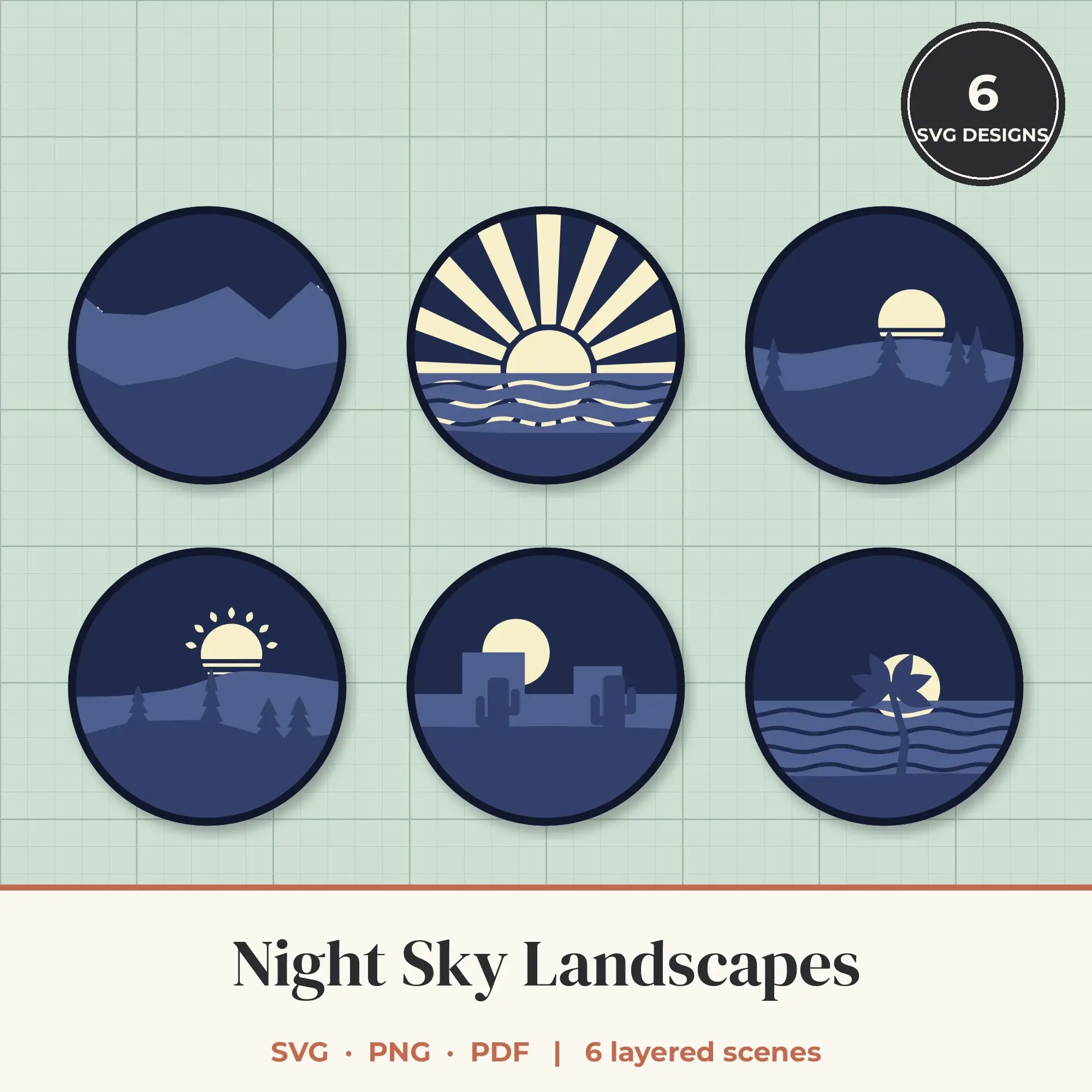 Night Sky Round Landscape Layered SVG Bundle - 6 Scenes preview