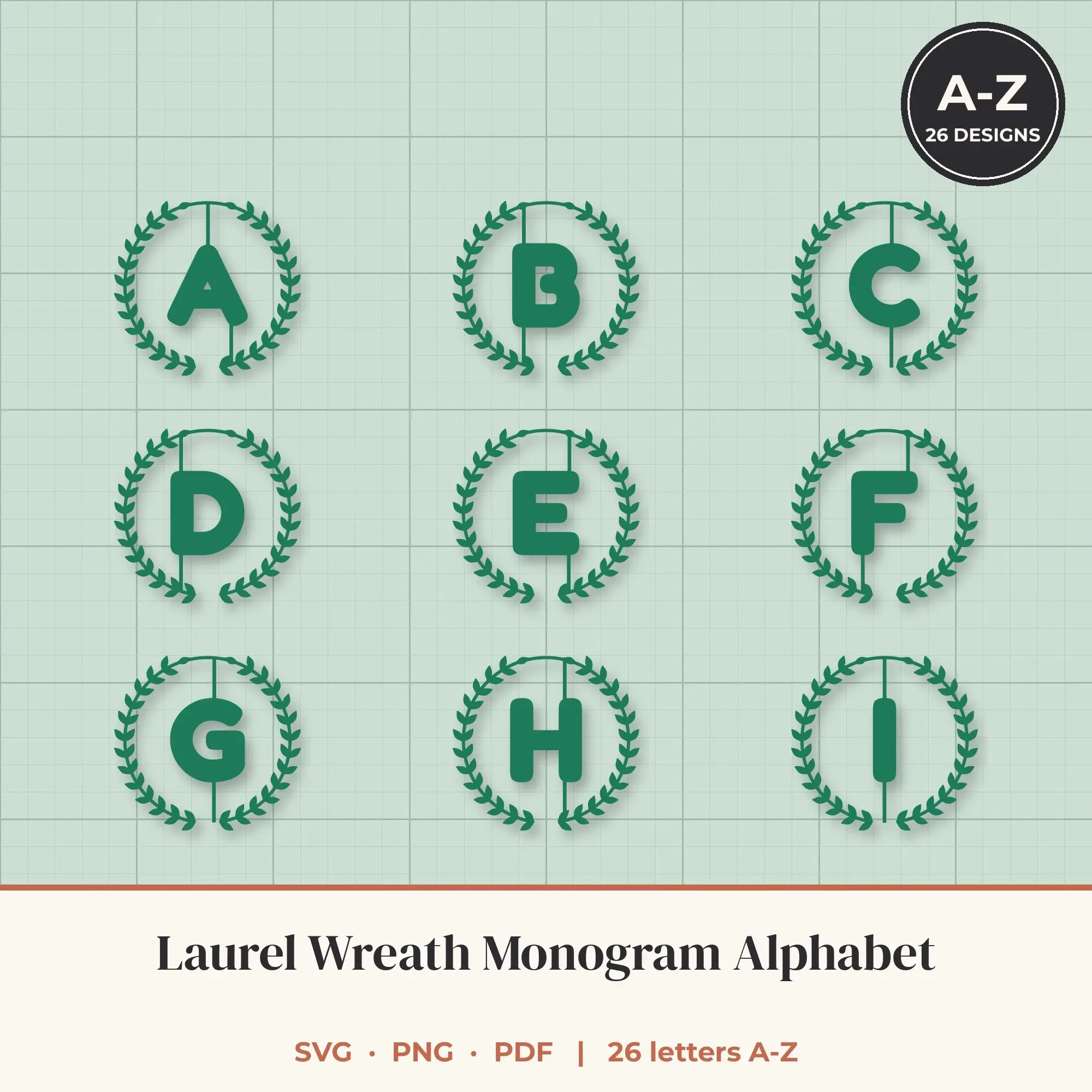 Laurel Wreath Monogram Alphabet SVG Bundle - Rounded A to Z preview