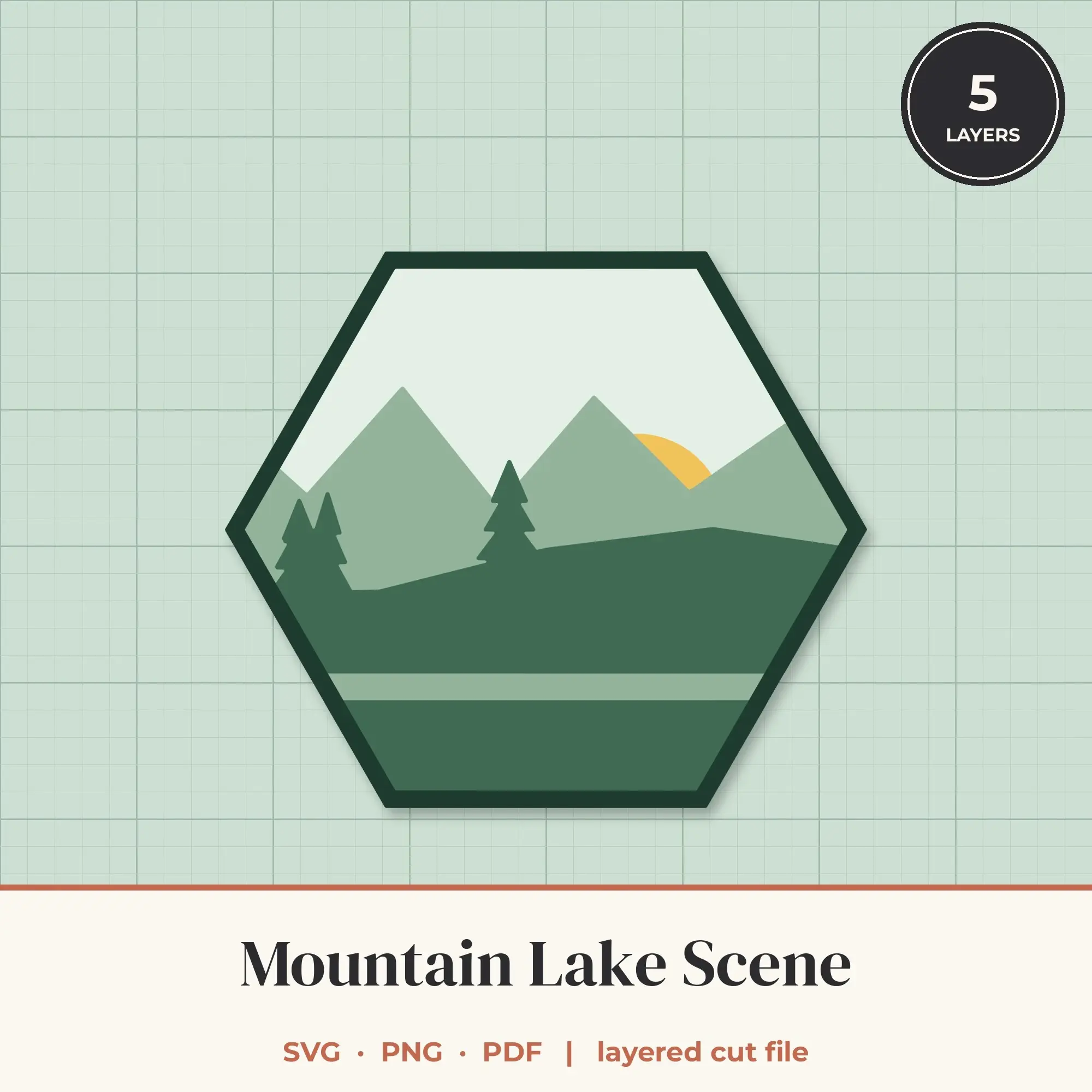 Mountain Lake Hexagon Layered SVG - 5 Layer Landscape Cut File preview