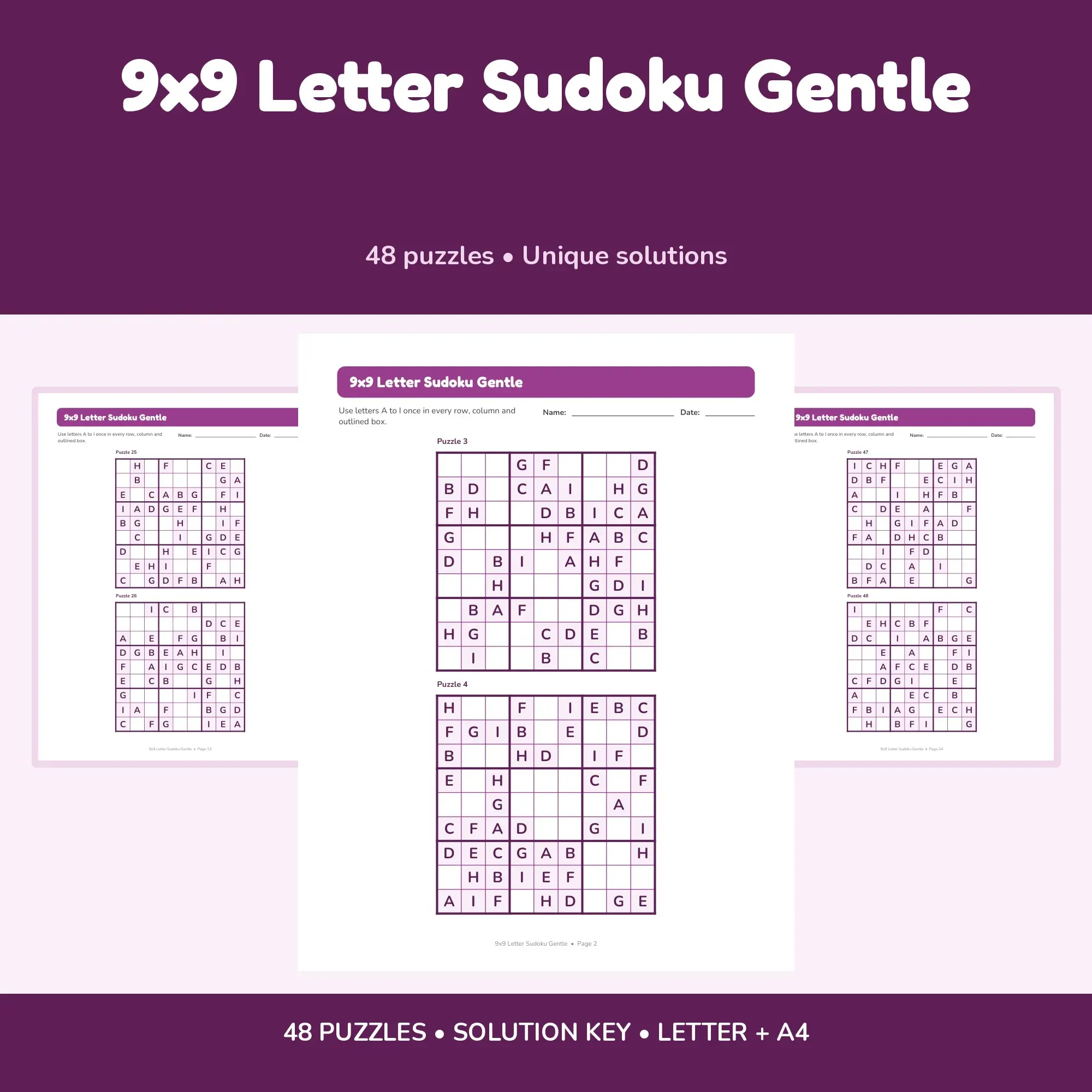9x9 Letter Sudoku Gentle - 48 Puzzles + Solutions, preview 1 of 2