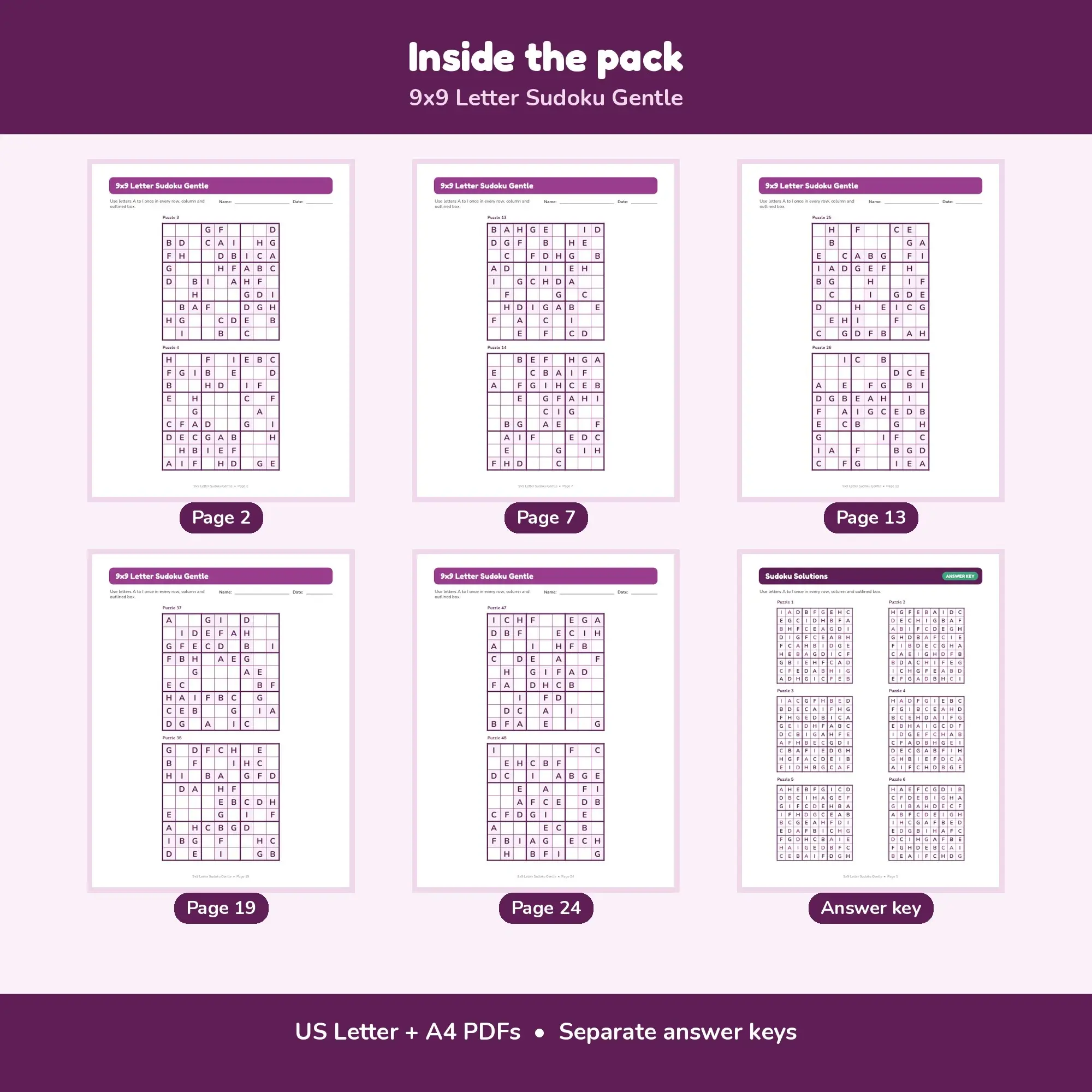 9x9 Letter Sudoku Gentle - 48 Puzzles + Solutions, preview 2 of 2