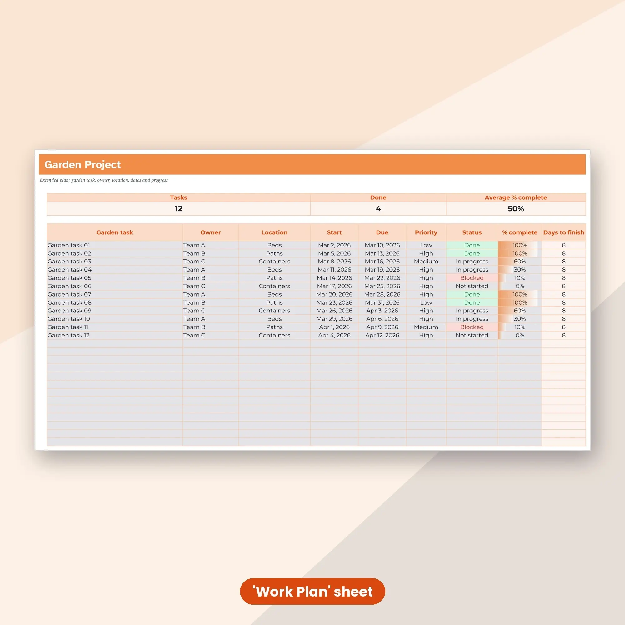 Garden Project Spreadsheet, Extended 100-Row Tracker (XLSX), preview 2 of 2