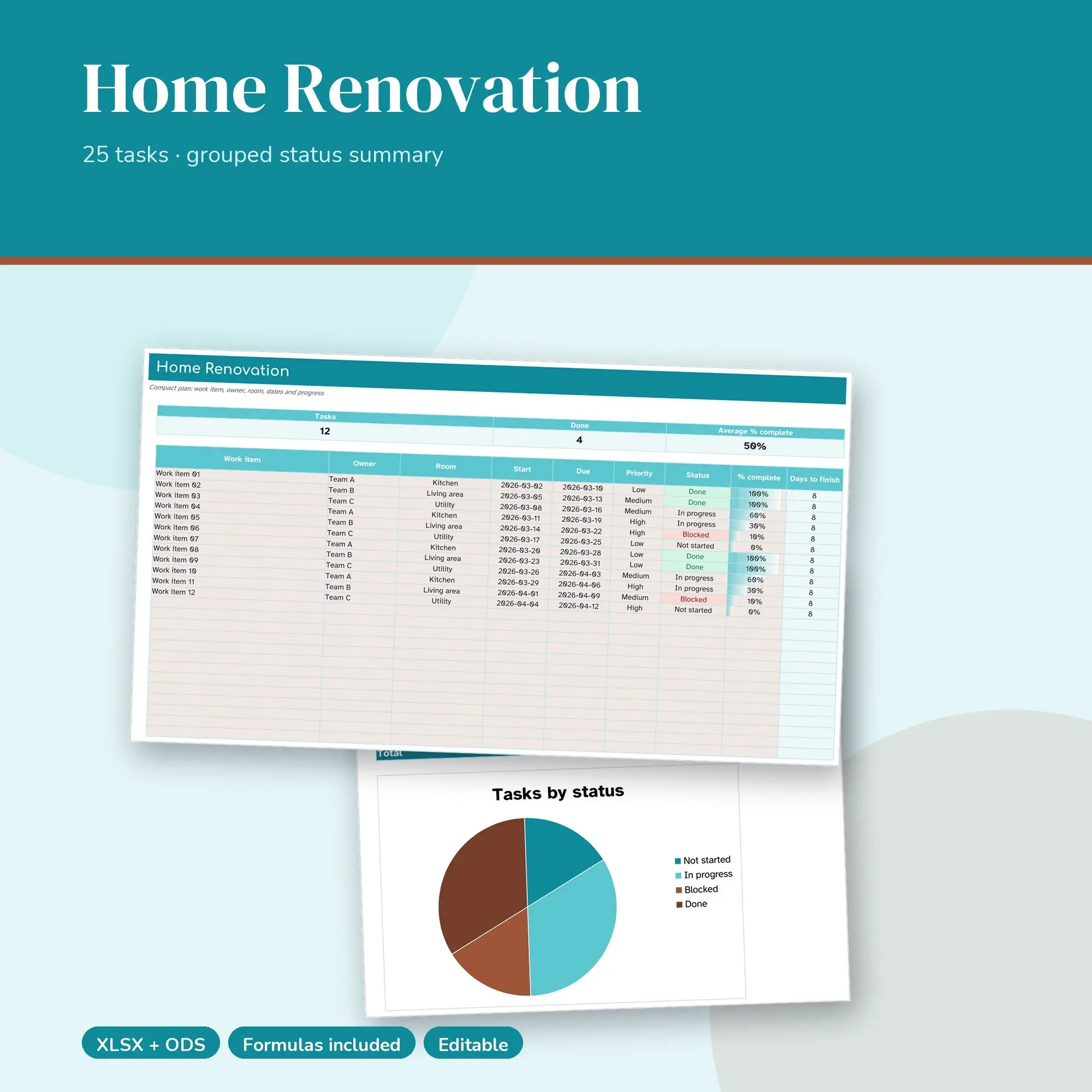 Home Renovation Spreadsheet, Compact 25-Row Tracker (XLSX + ODS) preview