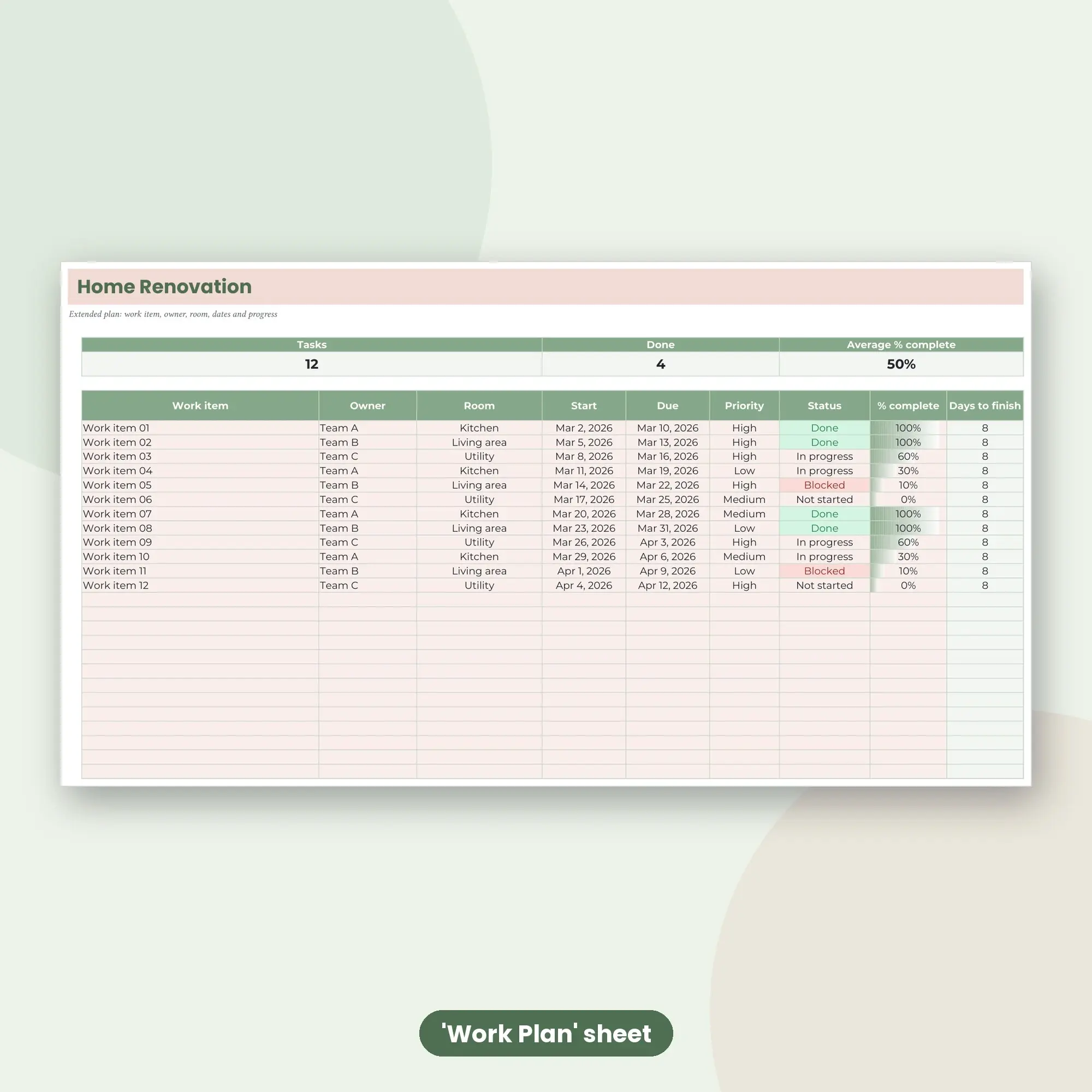 Home Renovation Spreadsheet, Extended 100-Row Tracker (ODS), preview 2 of 2