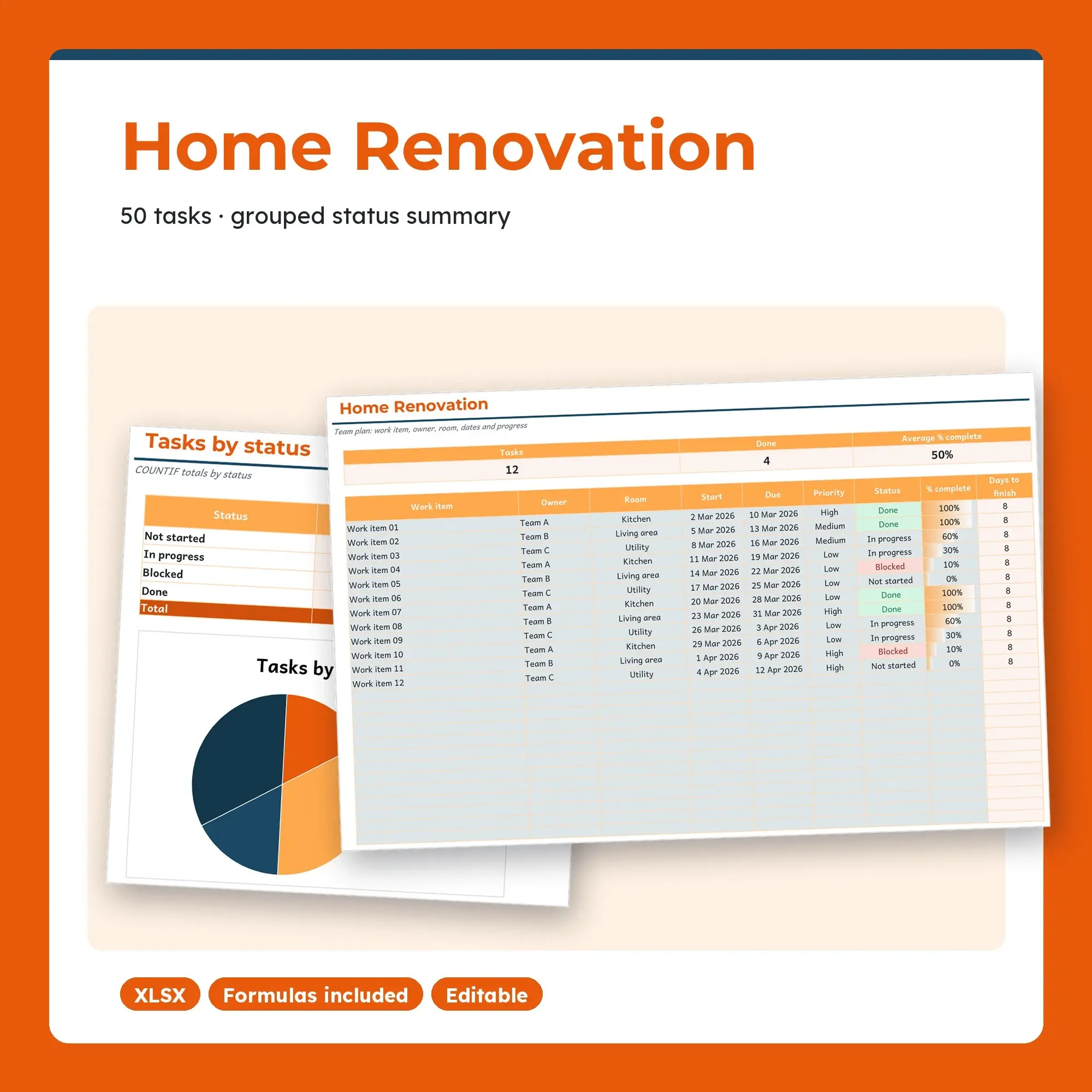 Home Renovation Spreadsheet, Team 50-Row Tracker (XLSX) preview