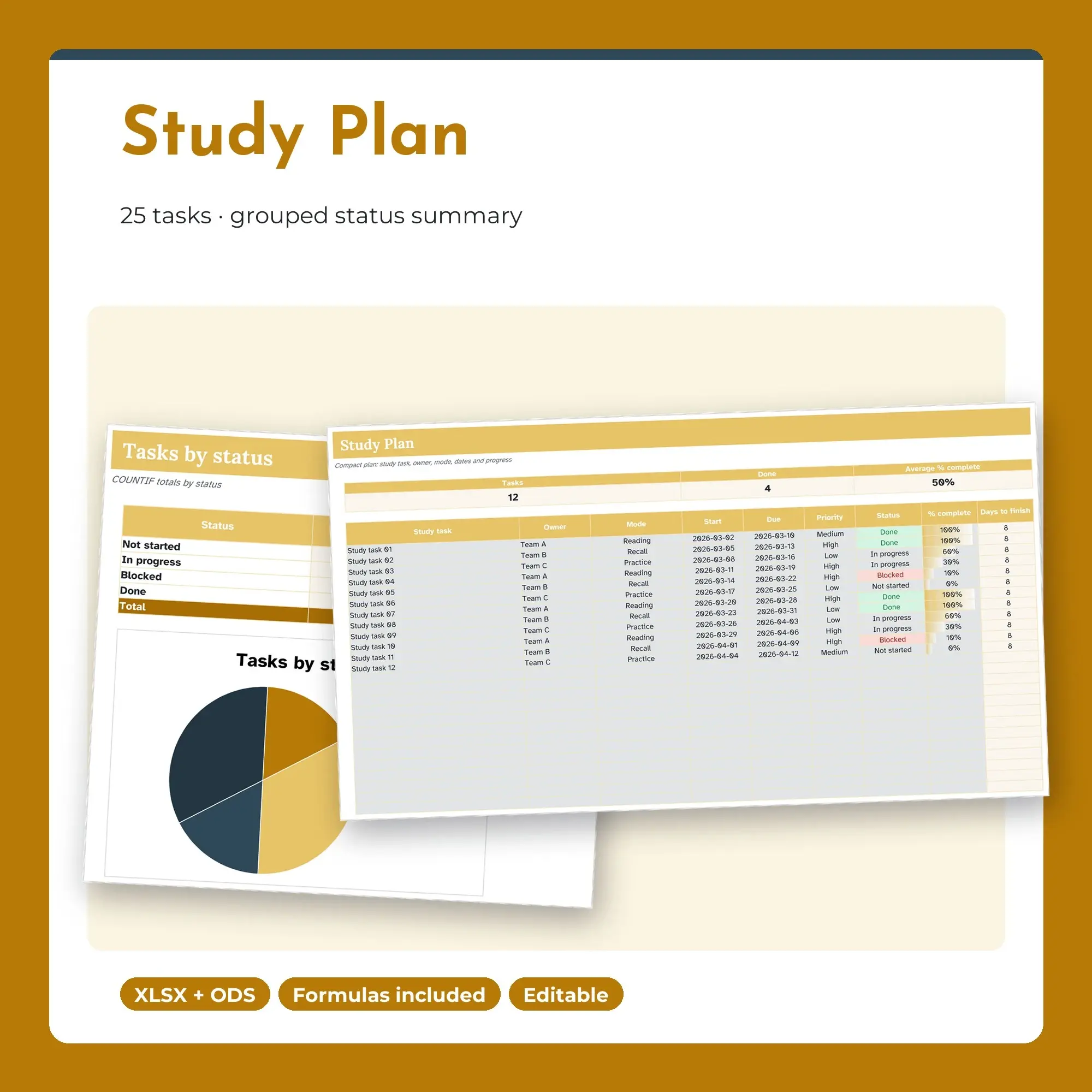 Study Plan Spreadsheet, Compact 25-Row Tracker (XLSX + ODS) preview