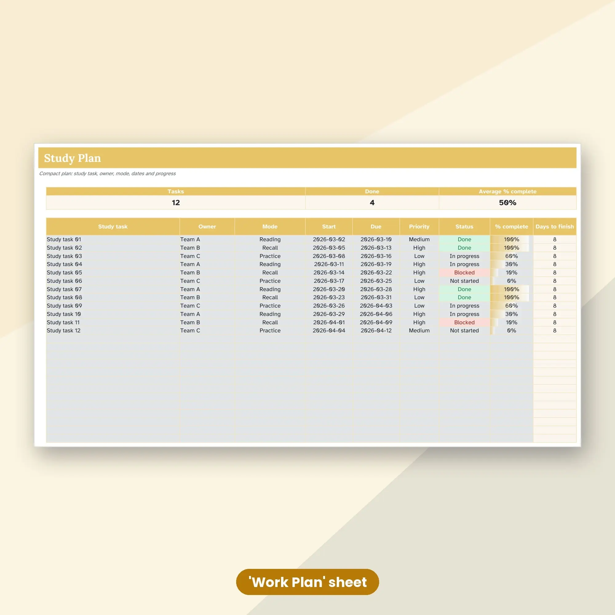 Study Plan Spreadsheet, Compact 25-Row Tracker (XLSX + ODS), preview 2 of 2