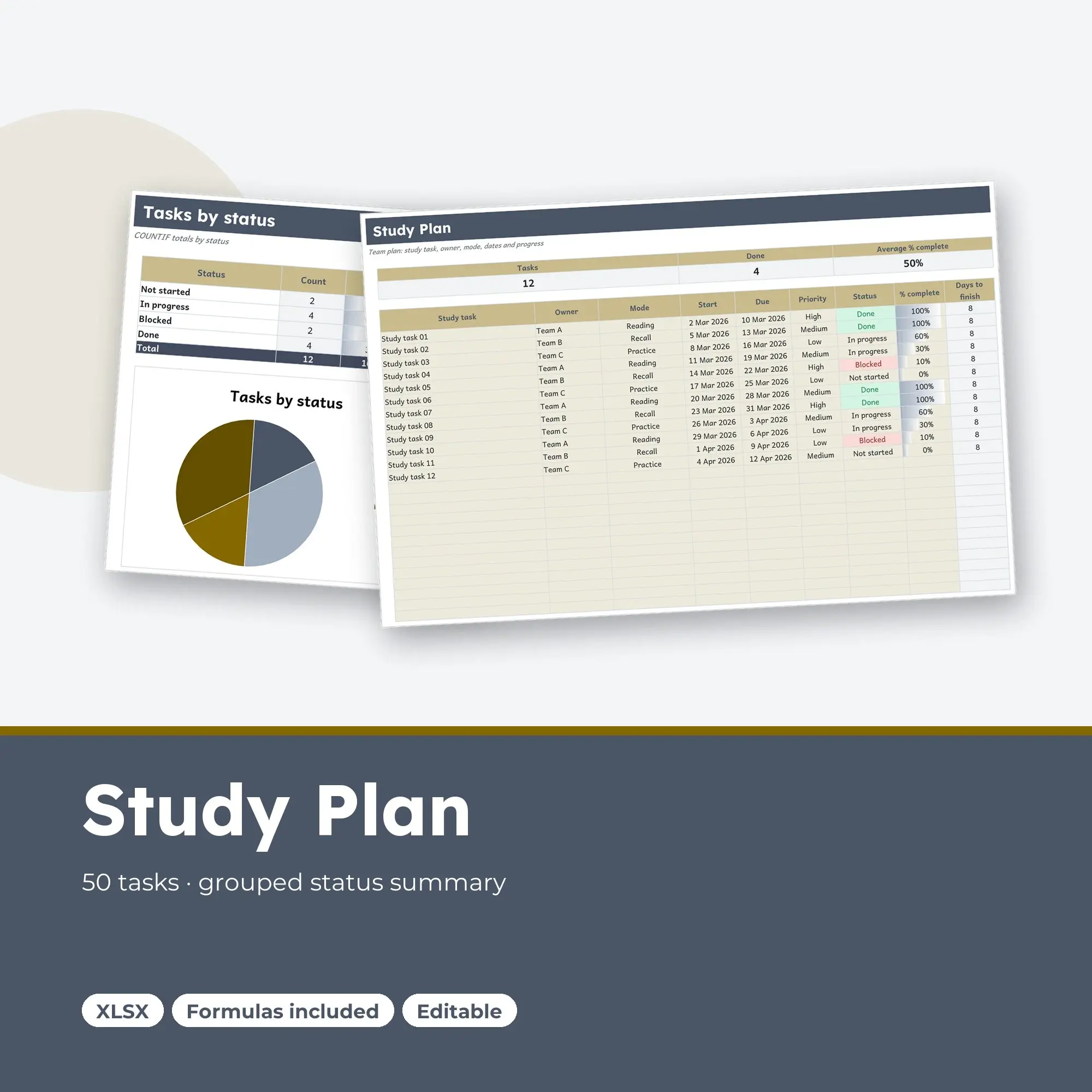 Study Plan Spreadsheet, Team 50-Row Tracker (XLSX) preview