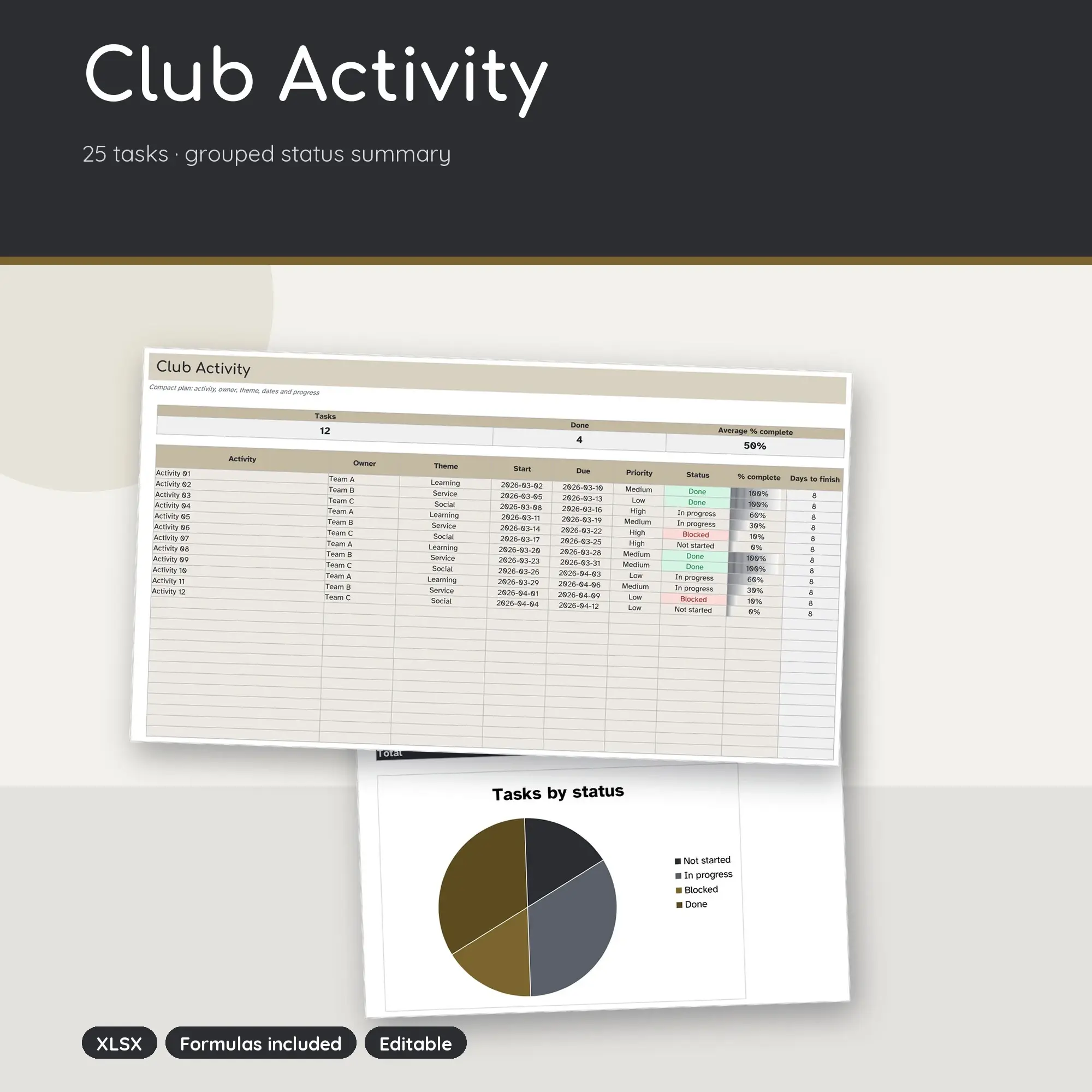 Club Activity Spreadsheet, Compact 25-Row Tracker (XLSX), preview 1 of 2