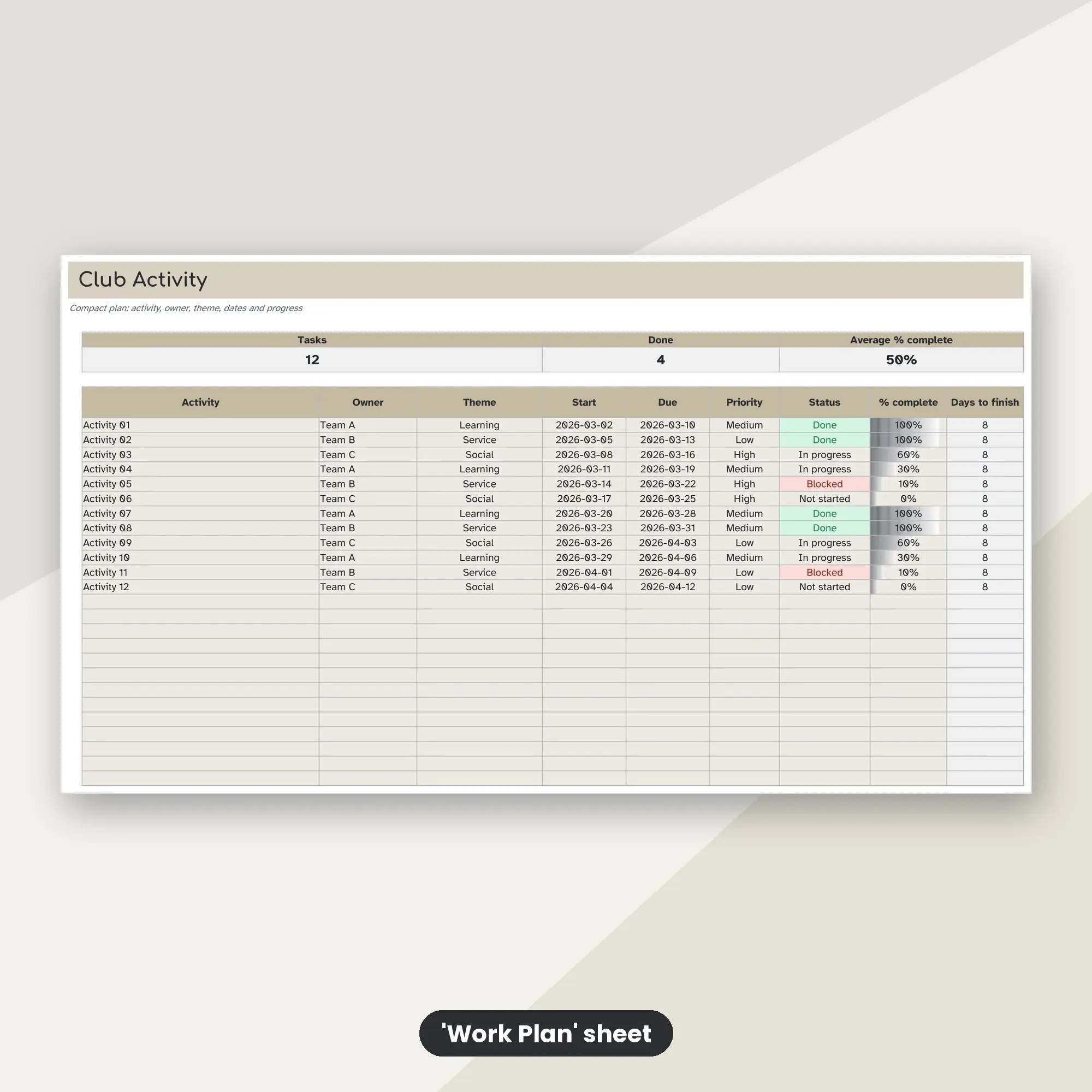 Club Activity Spreadsheet, Compact 25-Row Tracker (XLSX), preview 2 of 2