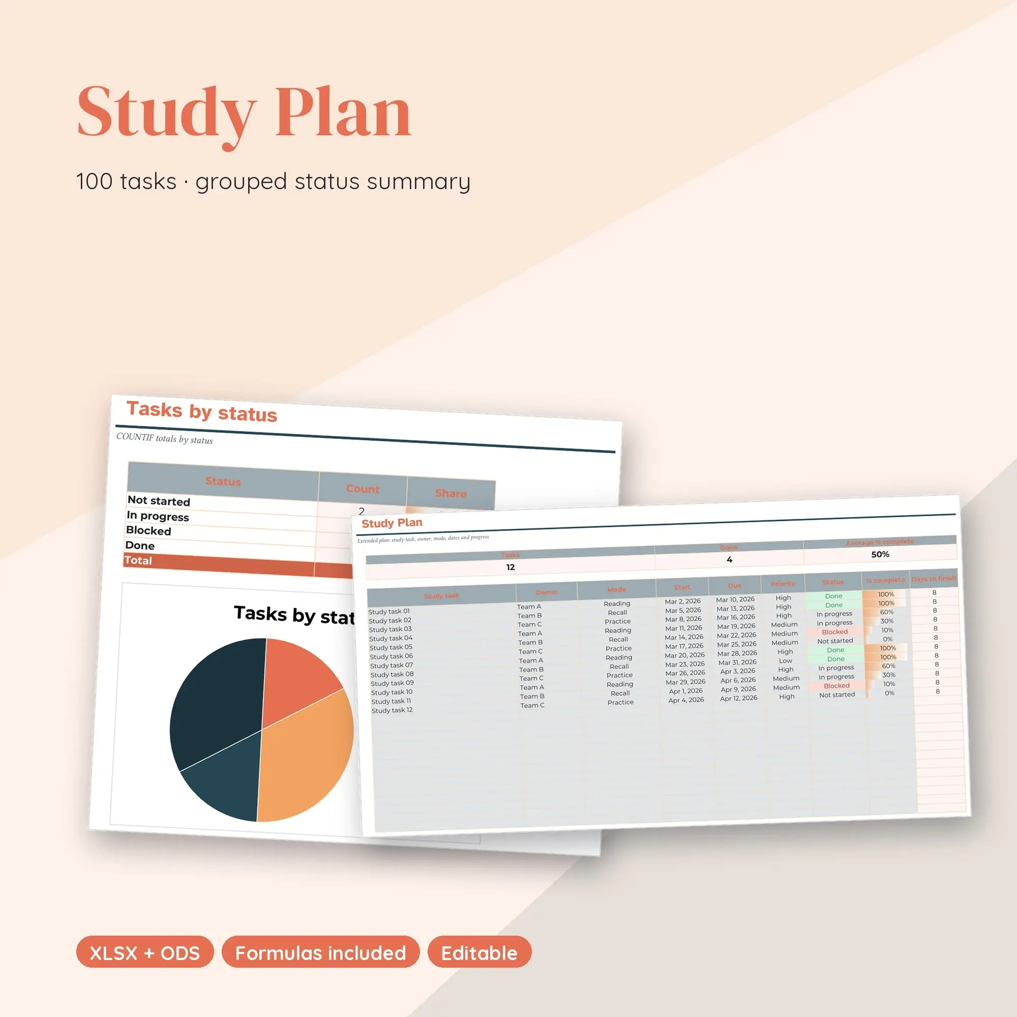Study Plan Spreadsheet, Extended 100-Row Tracker (XLSX + ODS) preview