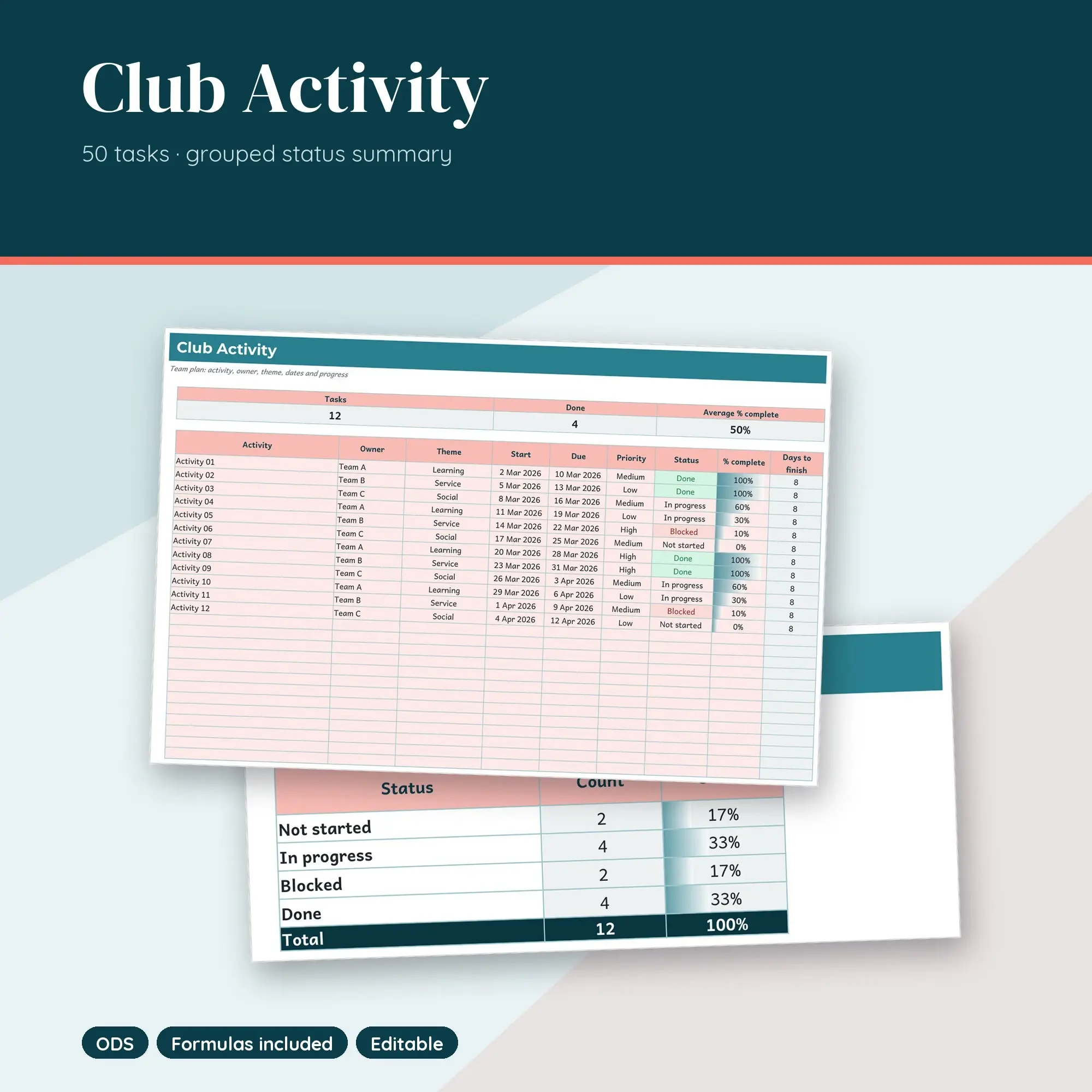 Club Activity Spreadsheet, Team 50-Row Tracker (ODS) preview
